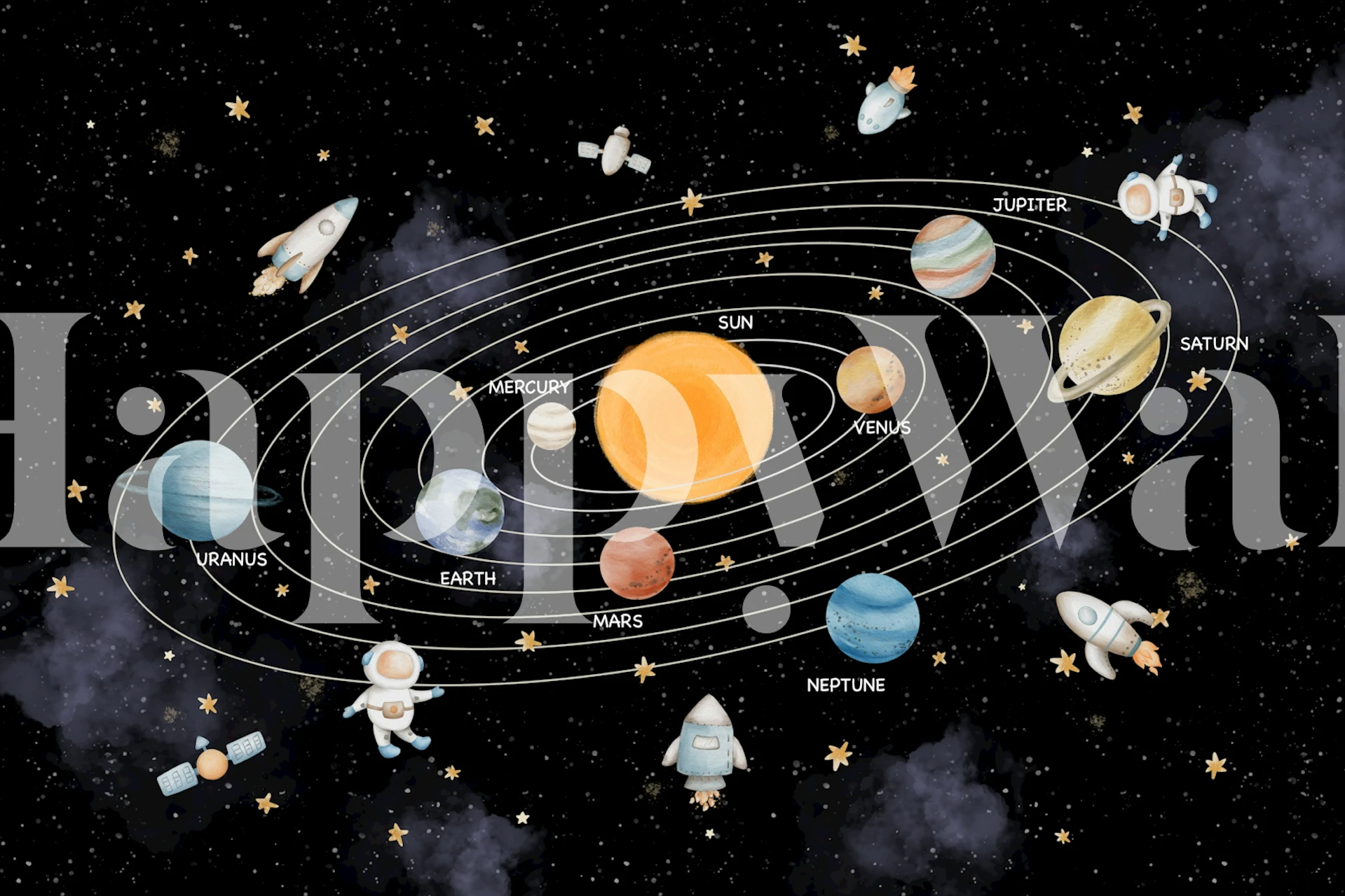 Colorful planets, stars, and rockets on a black background wallpaper