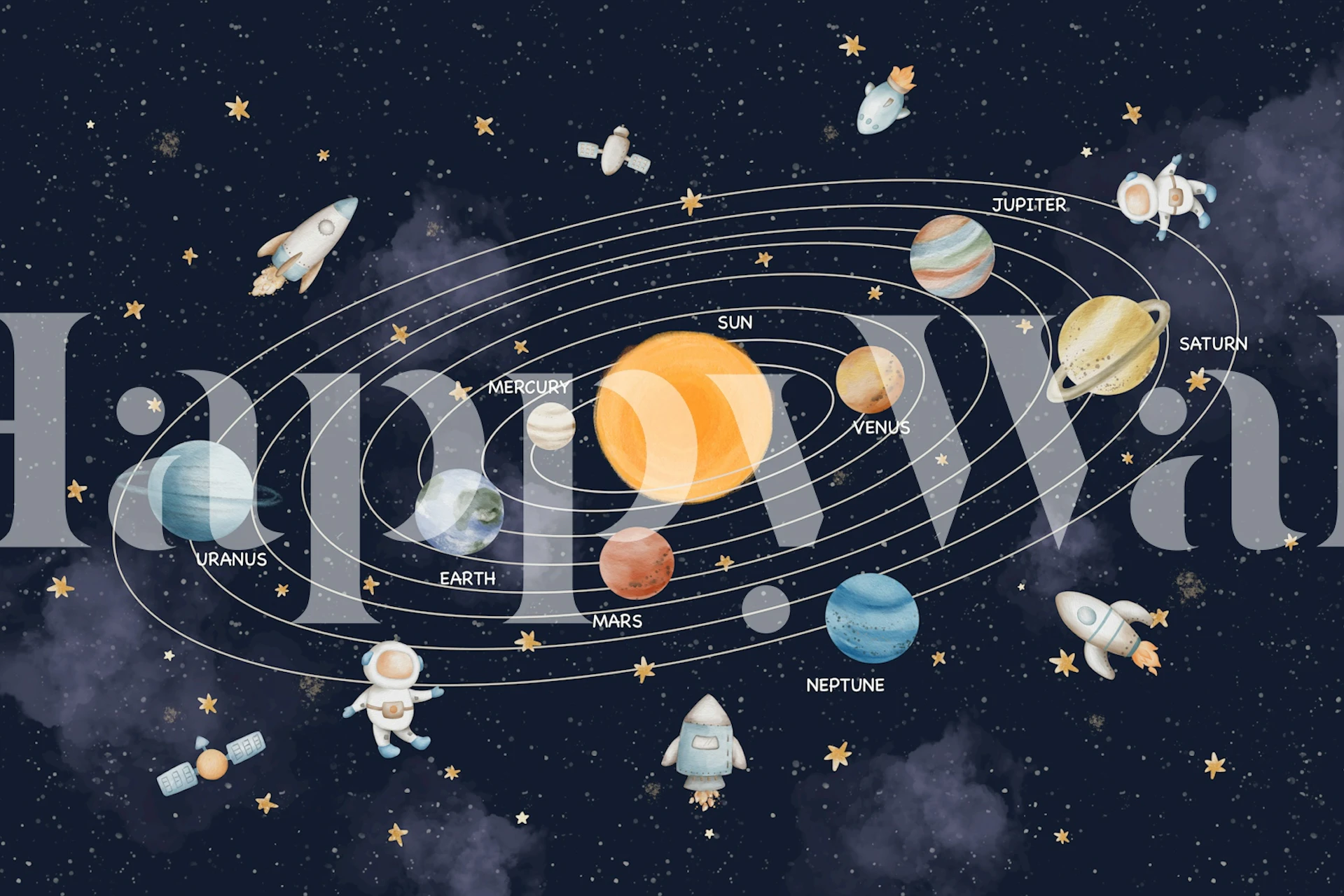 Colorful planets, stars, and rockets on dark blue wallpaper