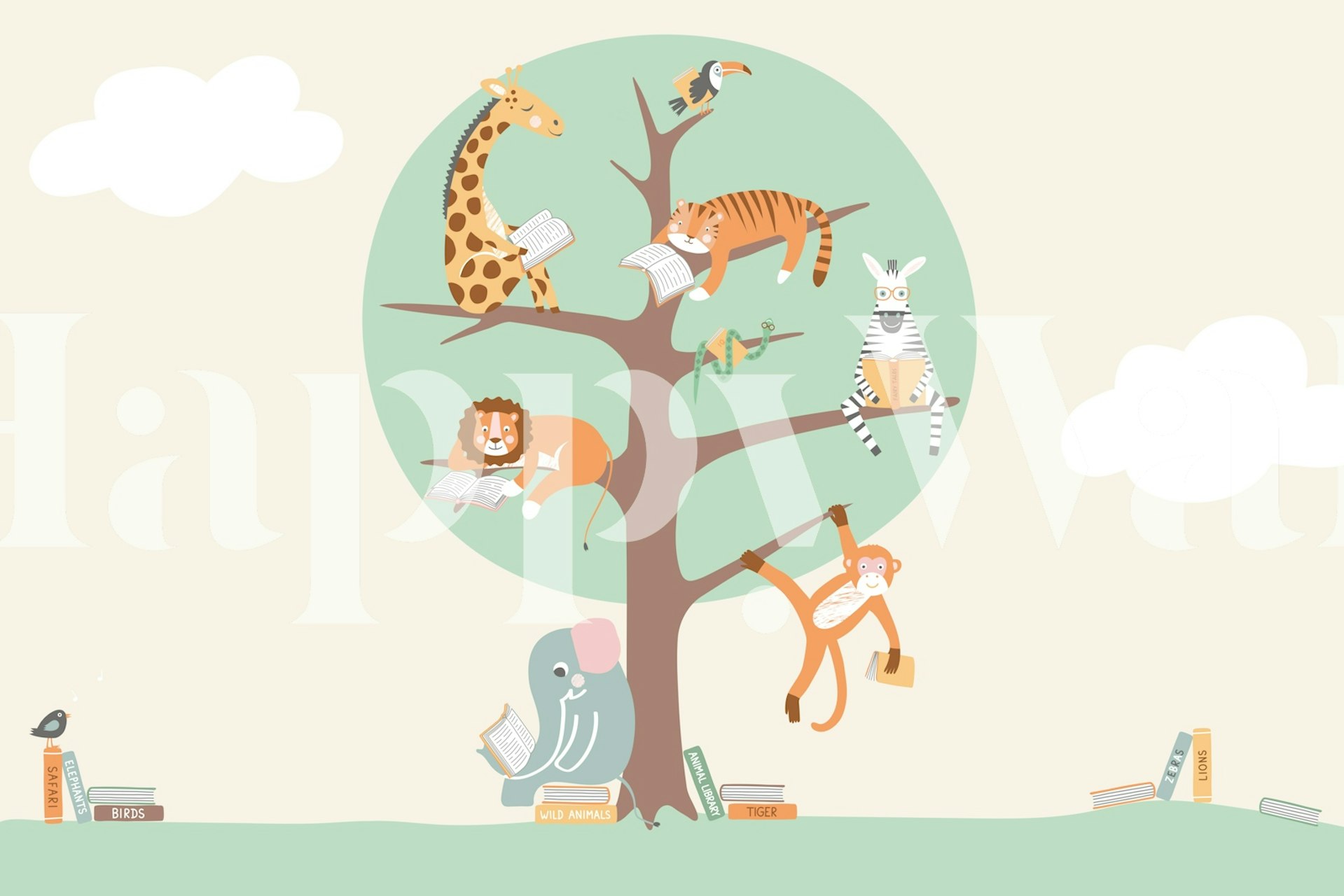 Safari animals reading wallpaper in a room