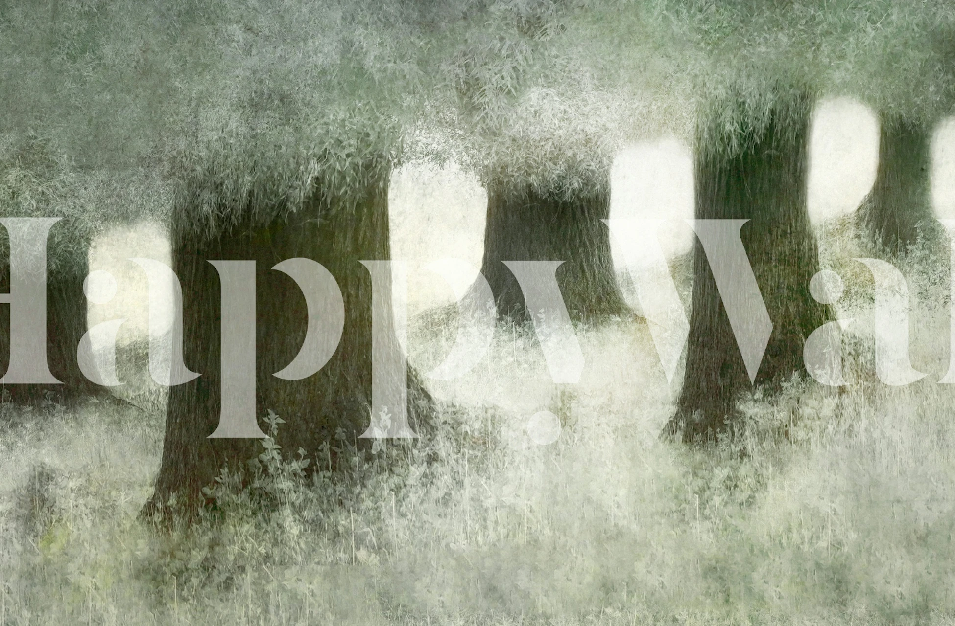 Textured forest trees wallpaper in soft greens and whites