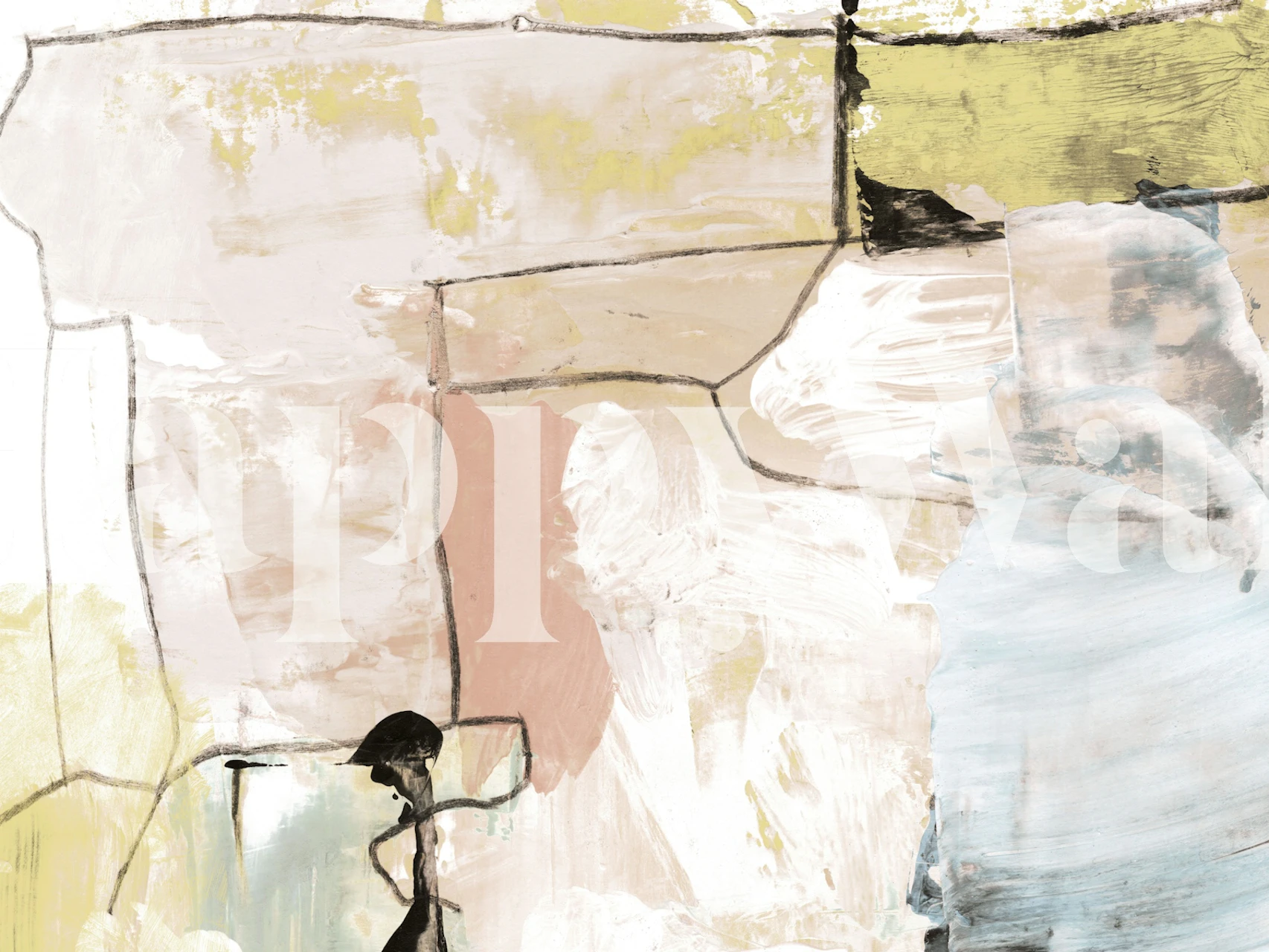 Abstract patches in soft pastel colors with black outlines wallpaper