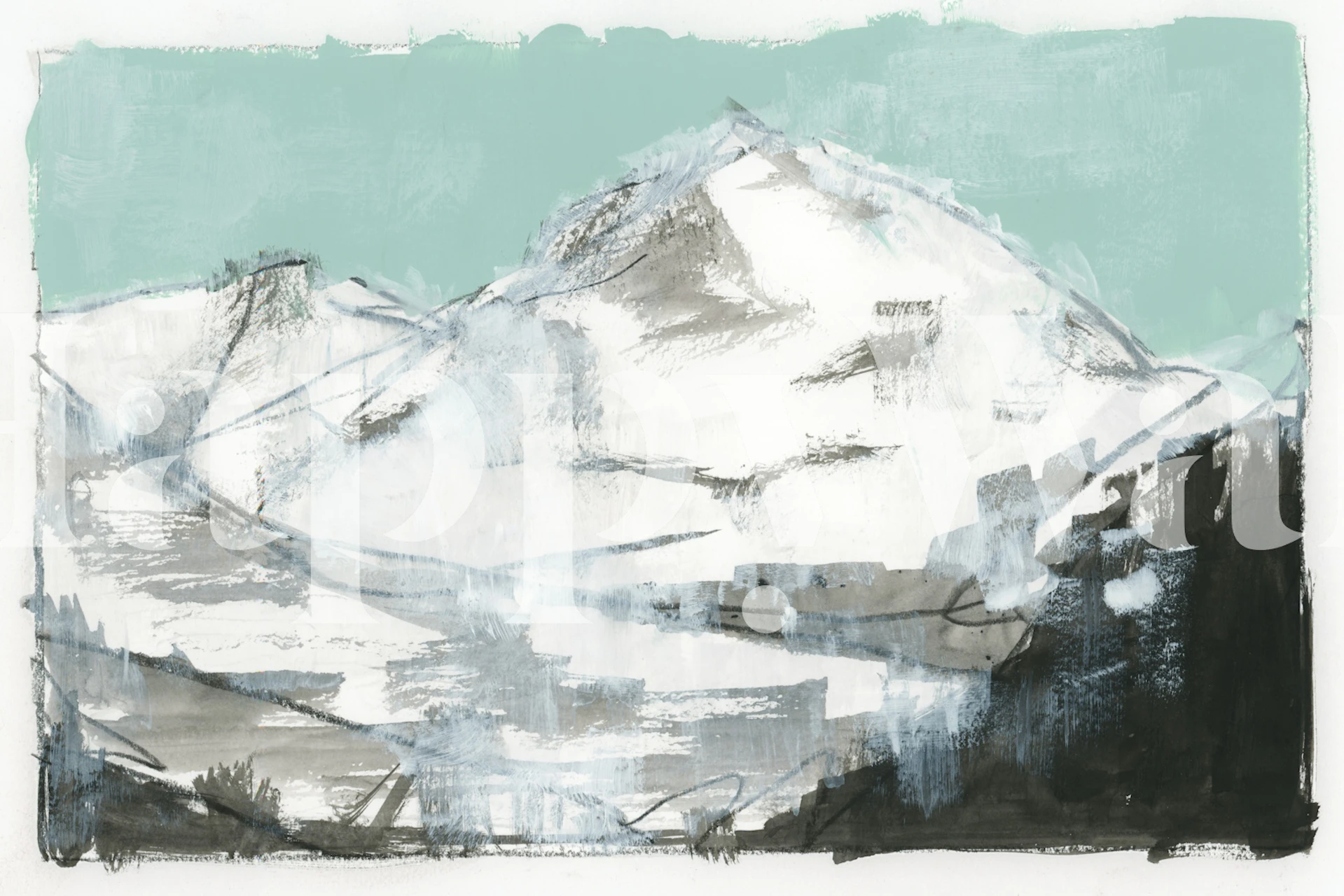 Abstract mountain landscape in white and gray with a teal background wallpaper