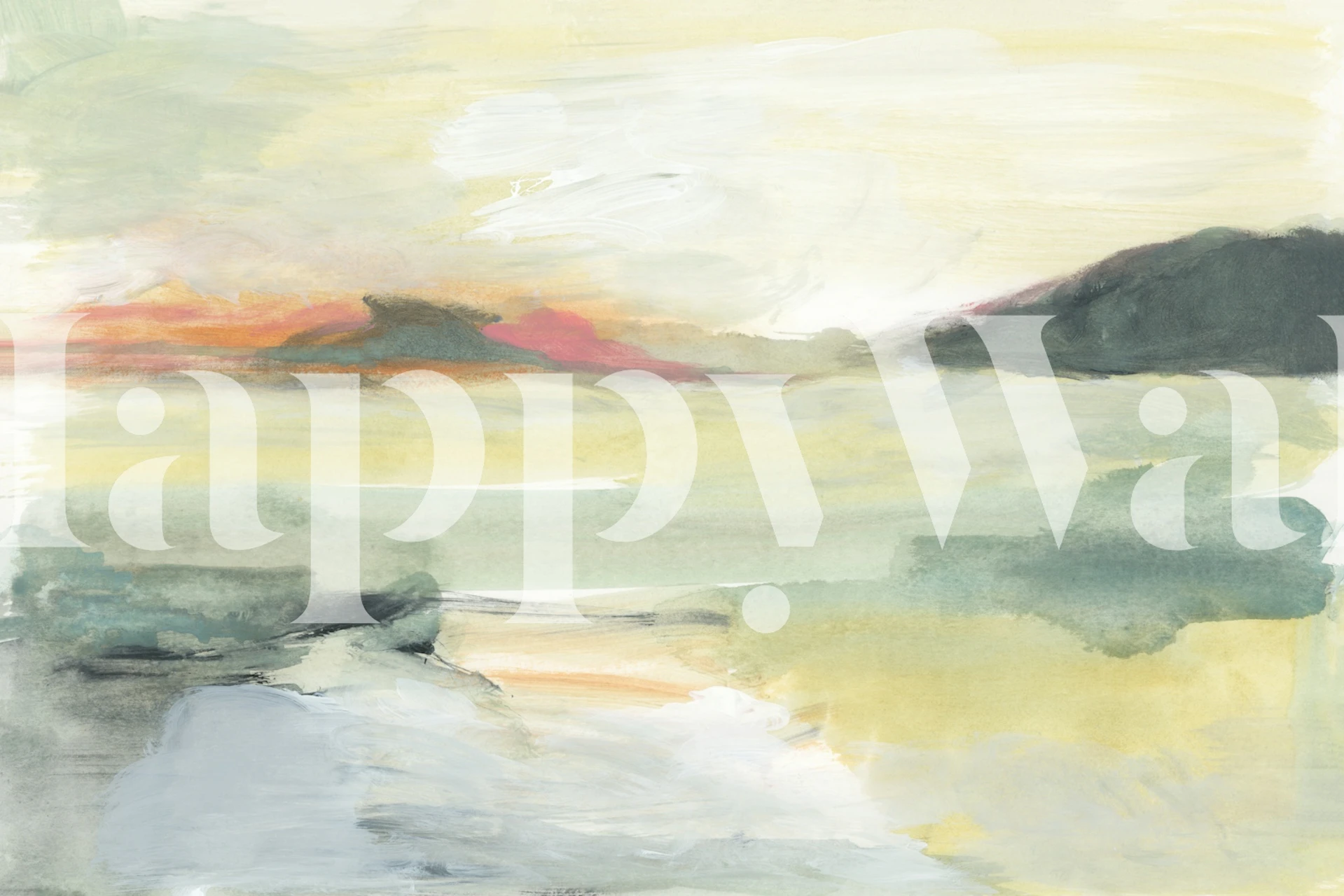 Watercolor landscape with soft greens, blues, and pinks wallpaper