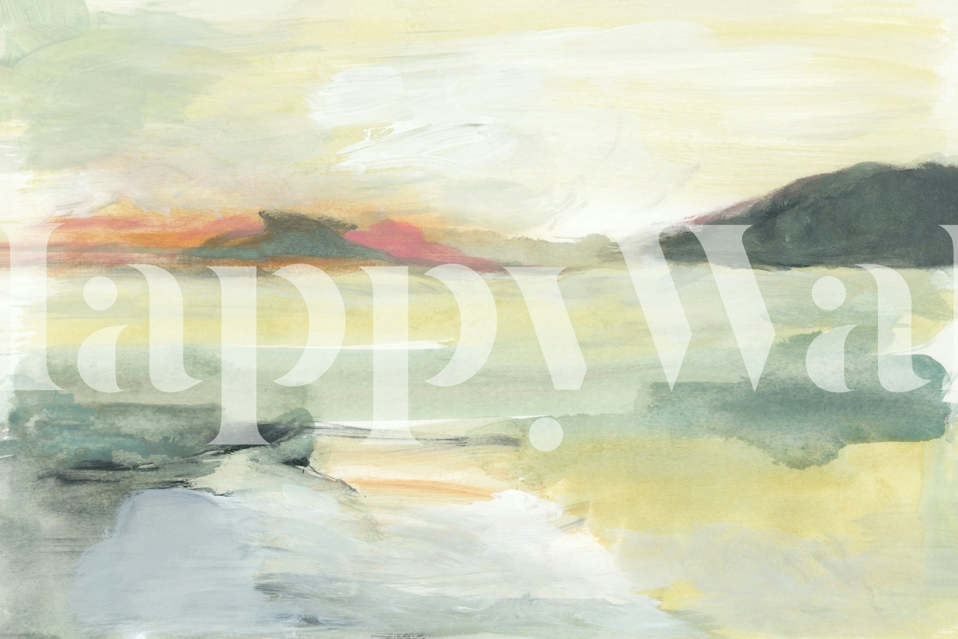 Watercolor landscape with soft greens, blues, and pinks wallpaper