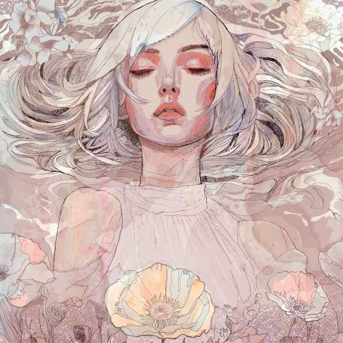 Delicate cherry blossoms floating gently on a misty, ethereal background