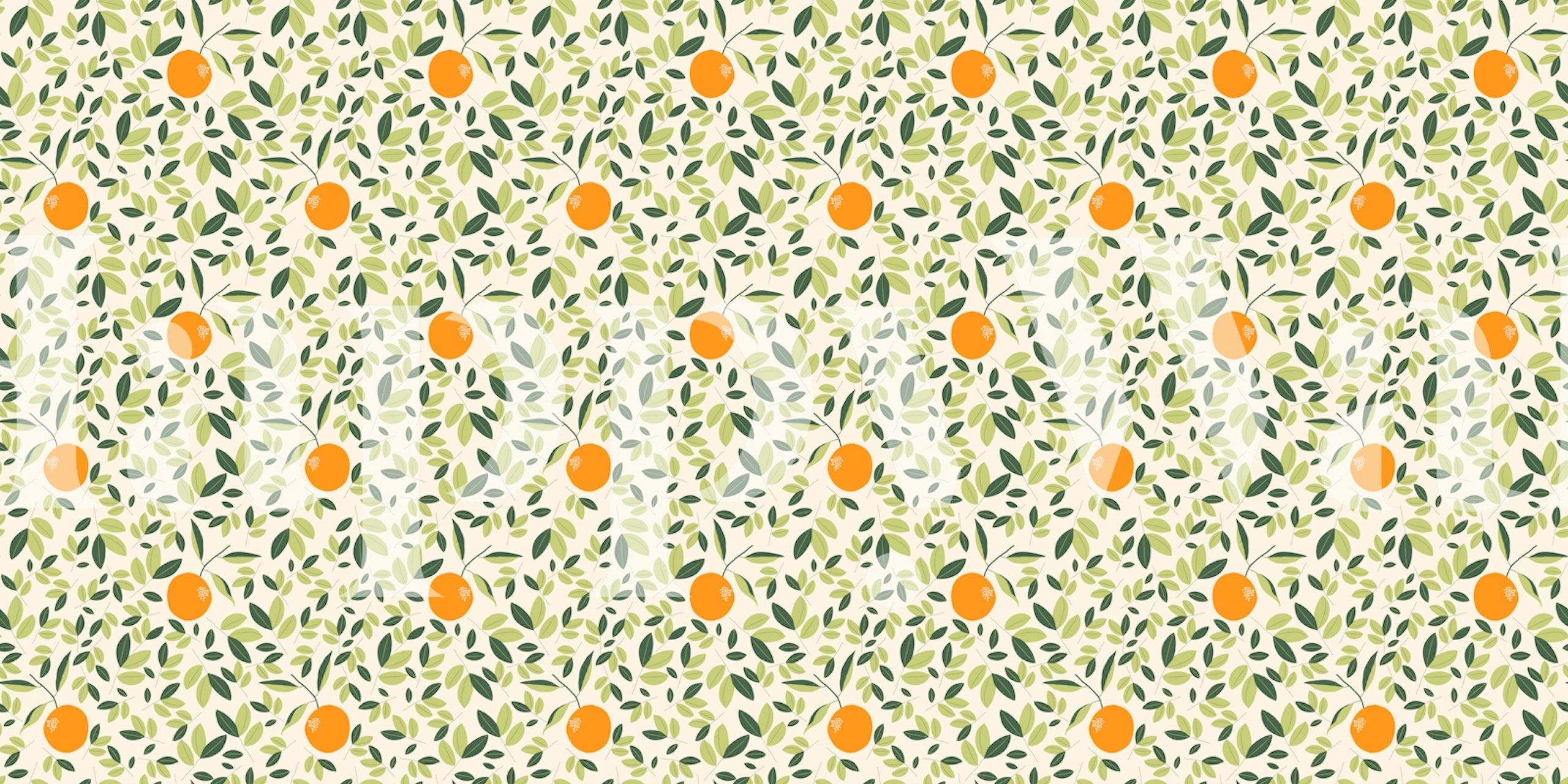 Orange fruit pattern with green leaves on cream background wallpaper