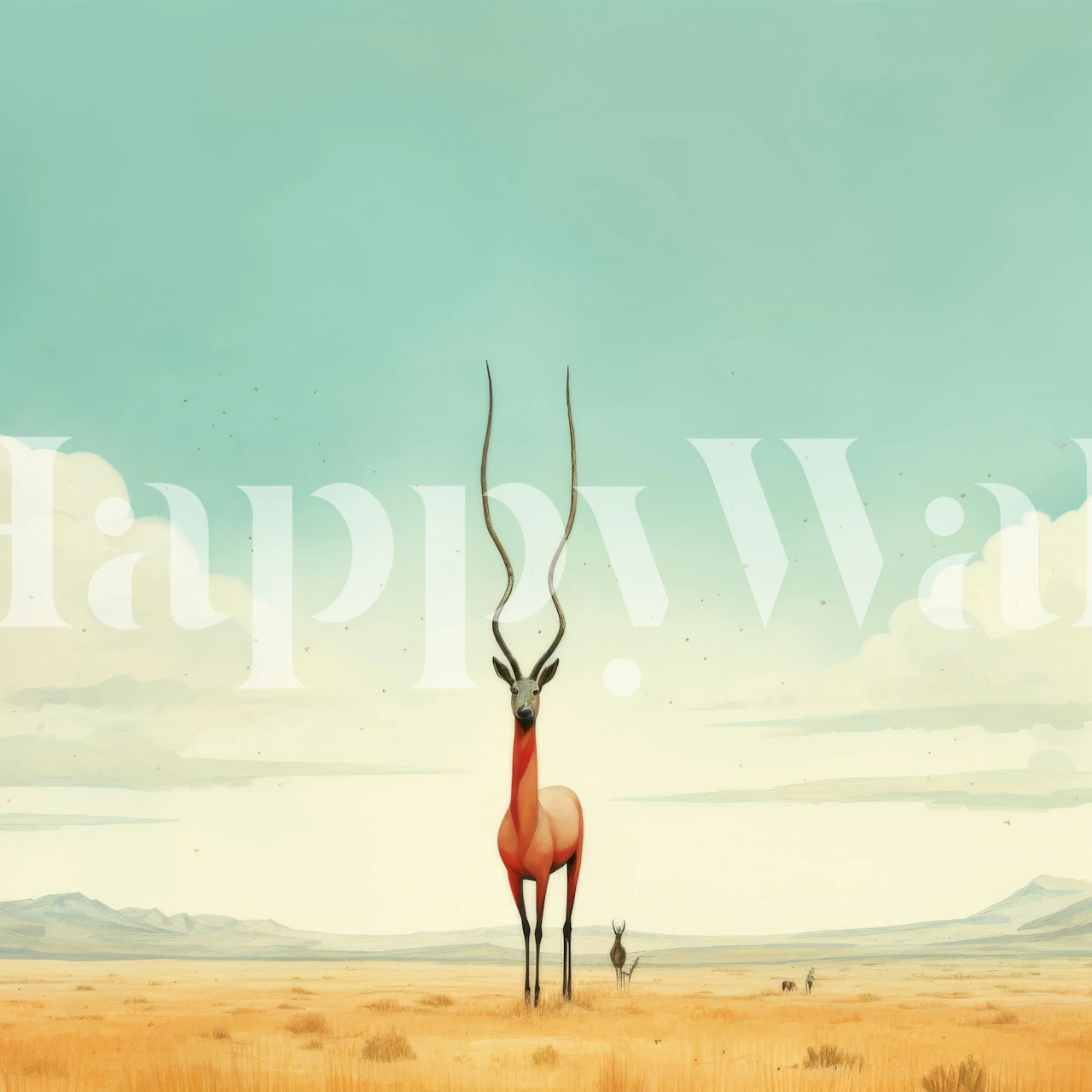 Antelope against a soft blue sky in beige landscape wallpaper