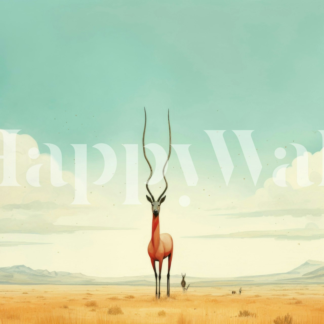 Antelope against a soft blue sky in beige landscape wallpaper