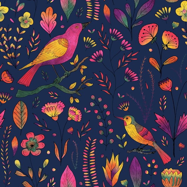 Whimsical Songbird Garden Navy