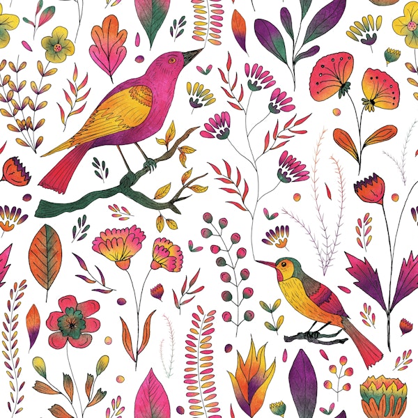 Whimsical Songbird Garden White