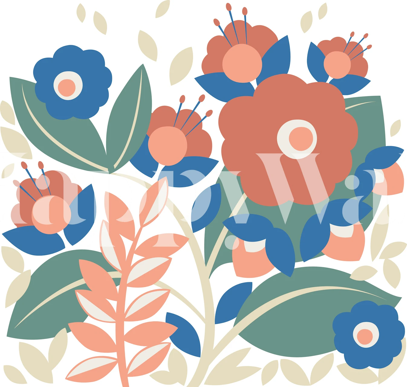 Colorful floral design in coral, blue, and green wallpaper