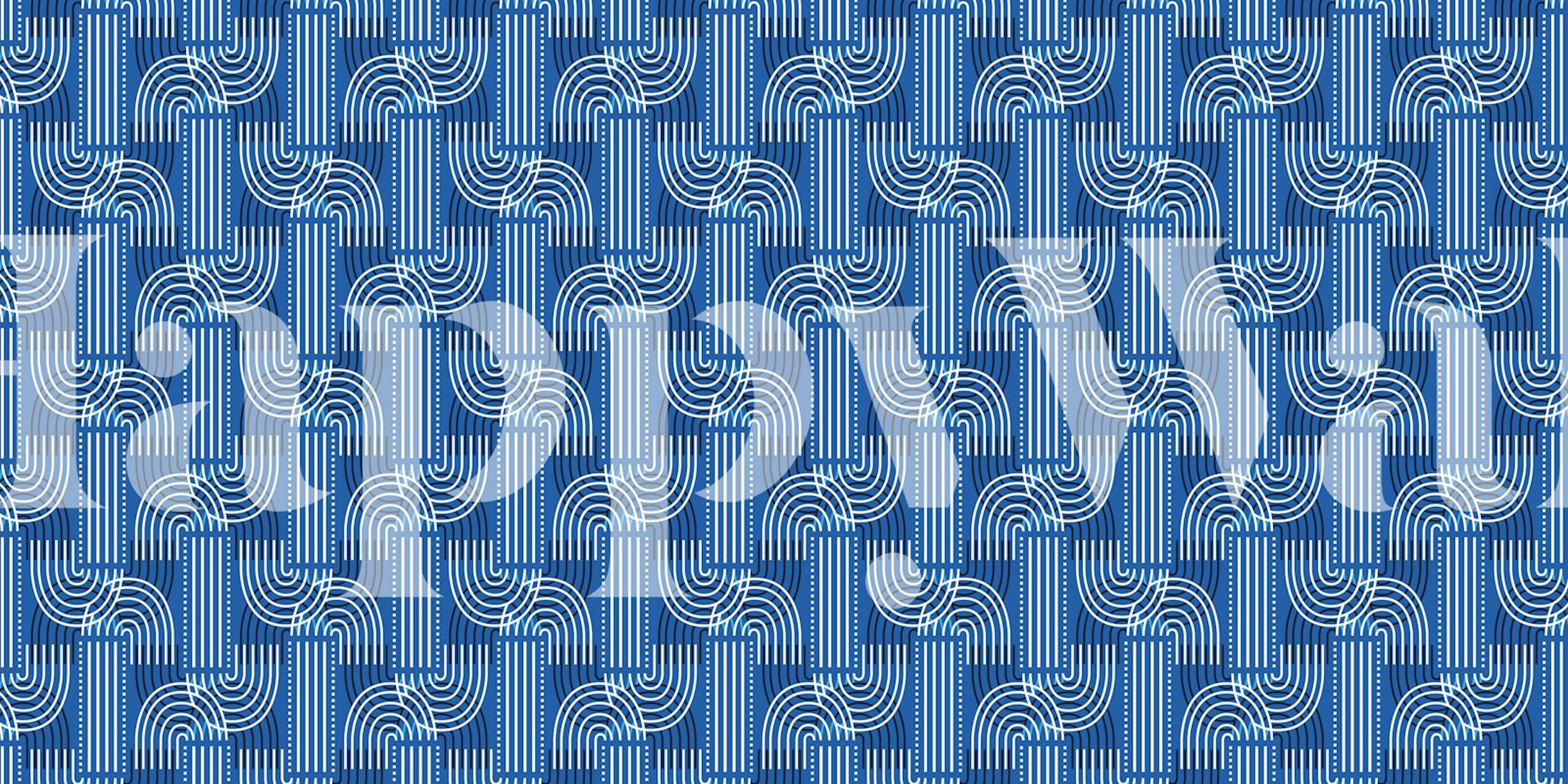 Modern blue geometric wallpaper in a room