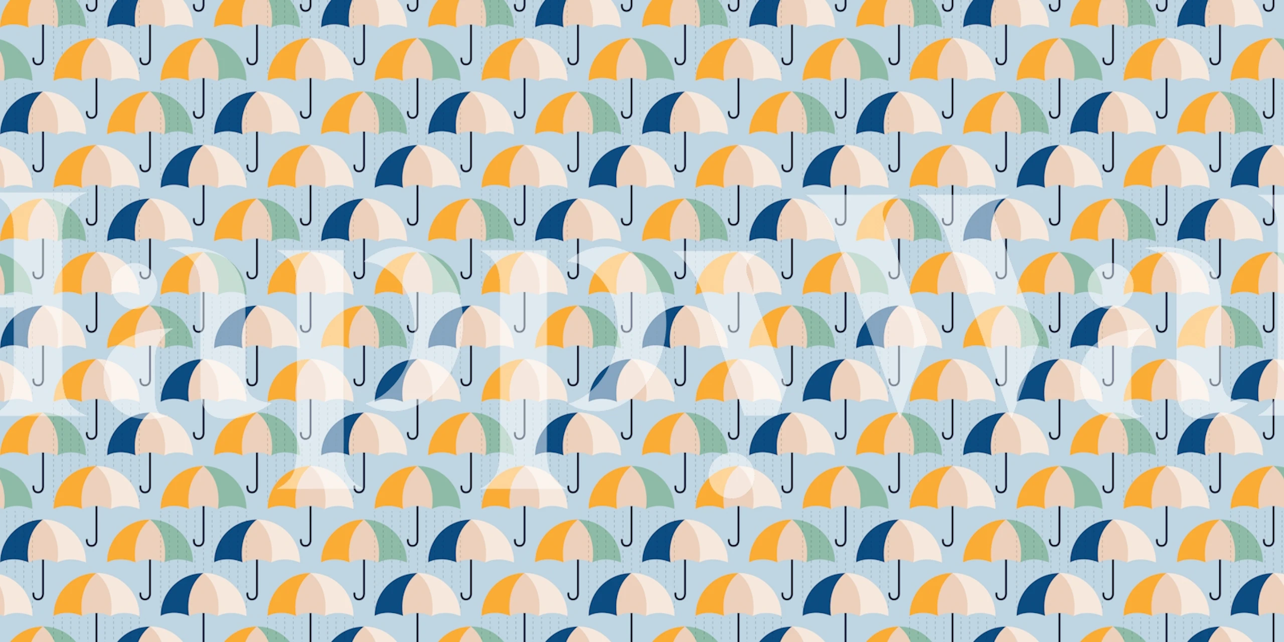 Colorful patterned umbrellas in blue, yellow, and cream wallpaper