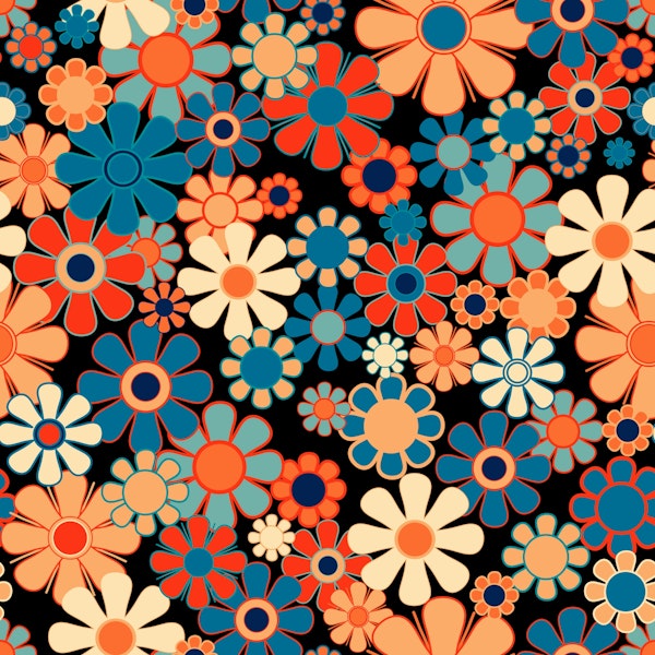 Retro Garden Groovy Nighttime Floral Pattern