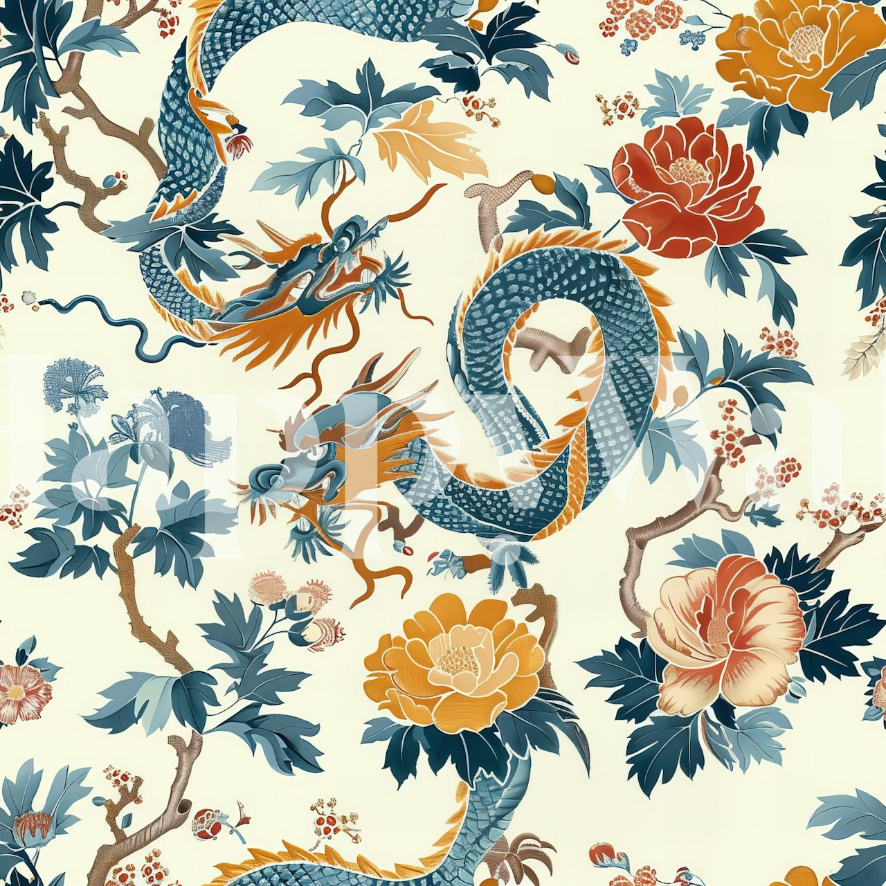 Chinese garden dragon design with colorful florals and blue dragon wallpaper