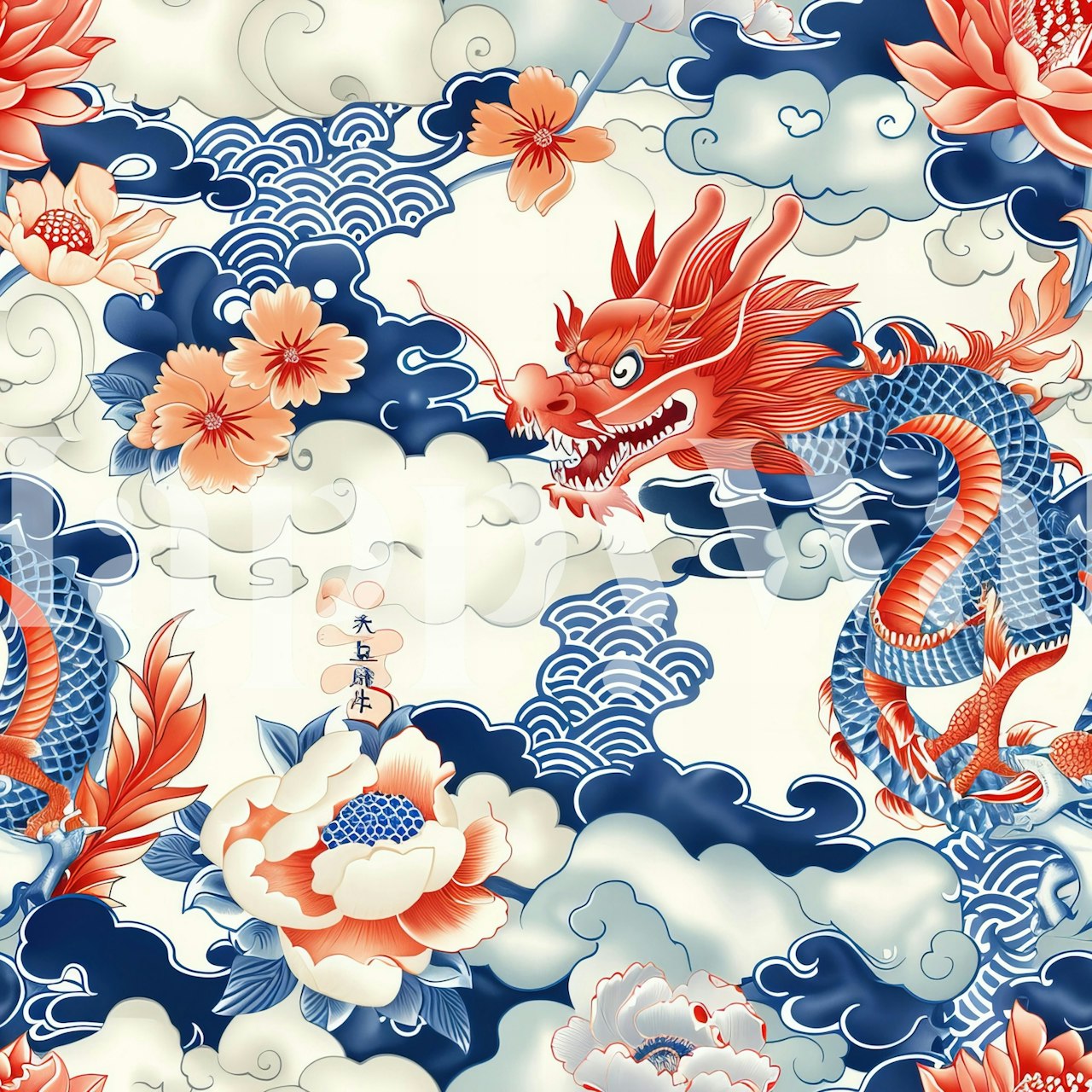 Red dragon with blue scales and floral patterns wallpaper