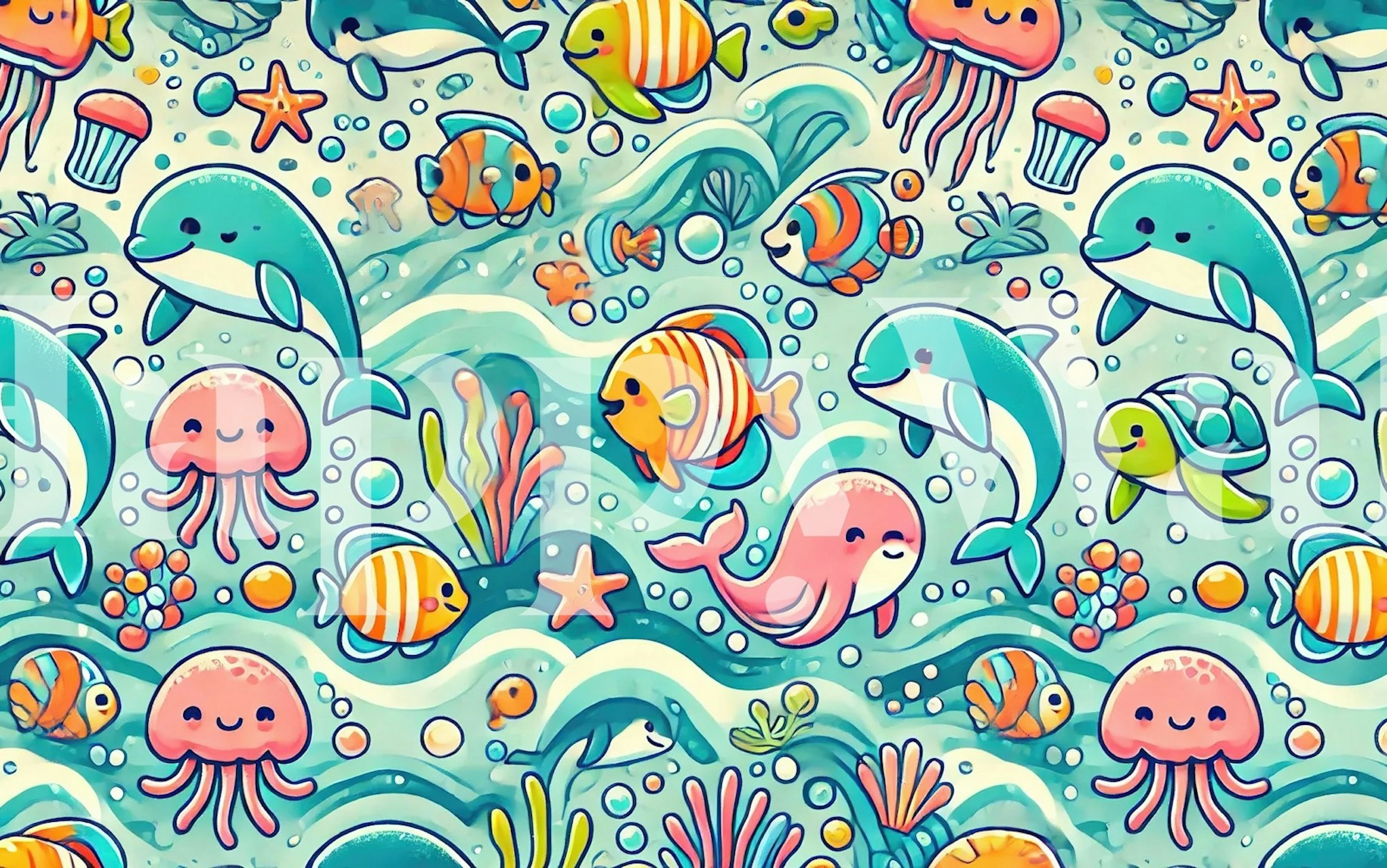 Colorful ocean creatures including dolphins, fish, and jellyfish wallpaper