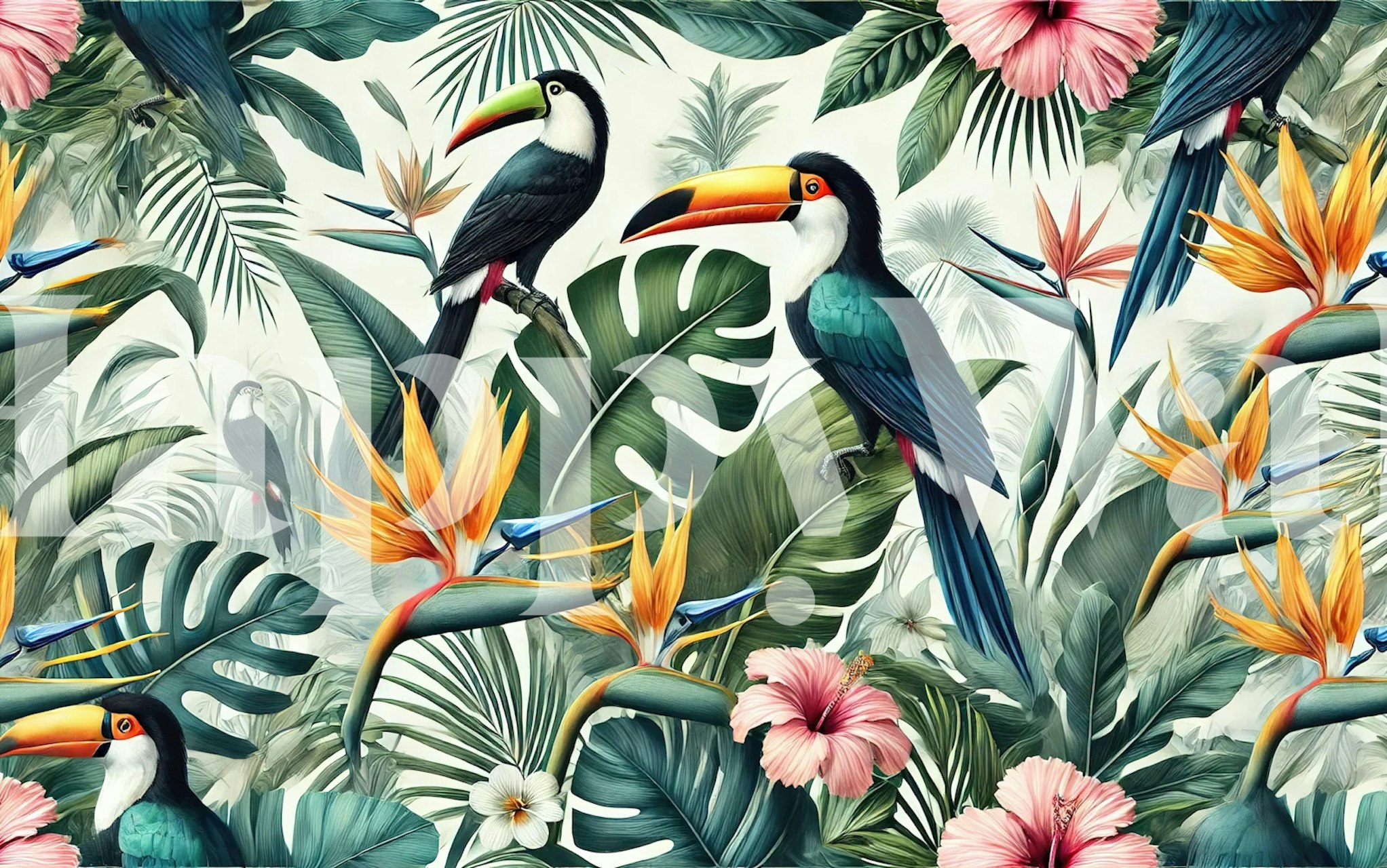 Jungle foliage and birds wallpaper in a room