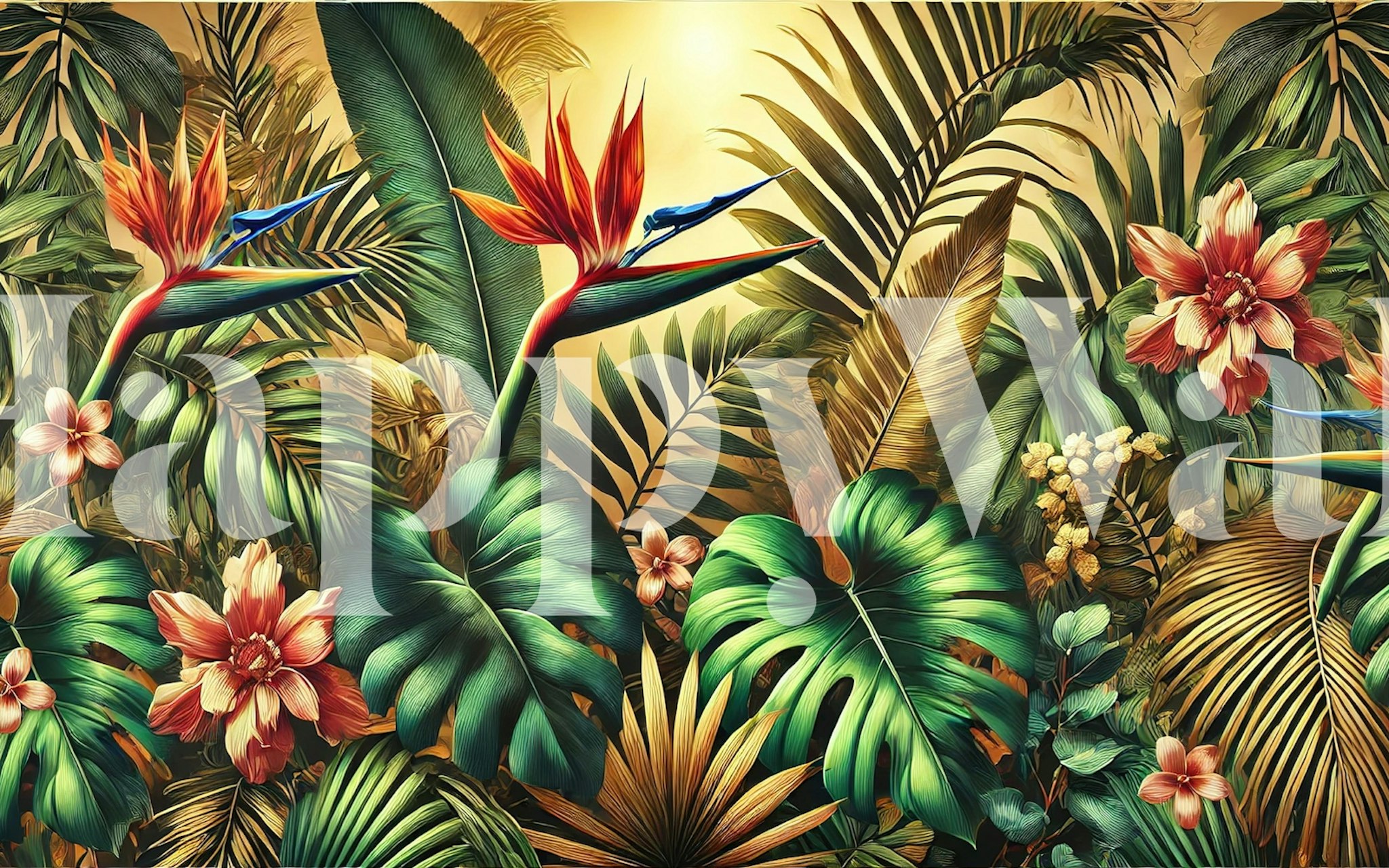 Tropical floral wallpaper with vibrant flowers and green leaves
