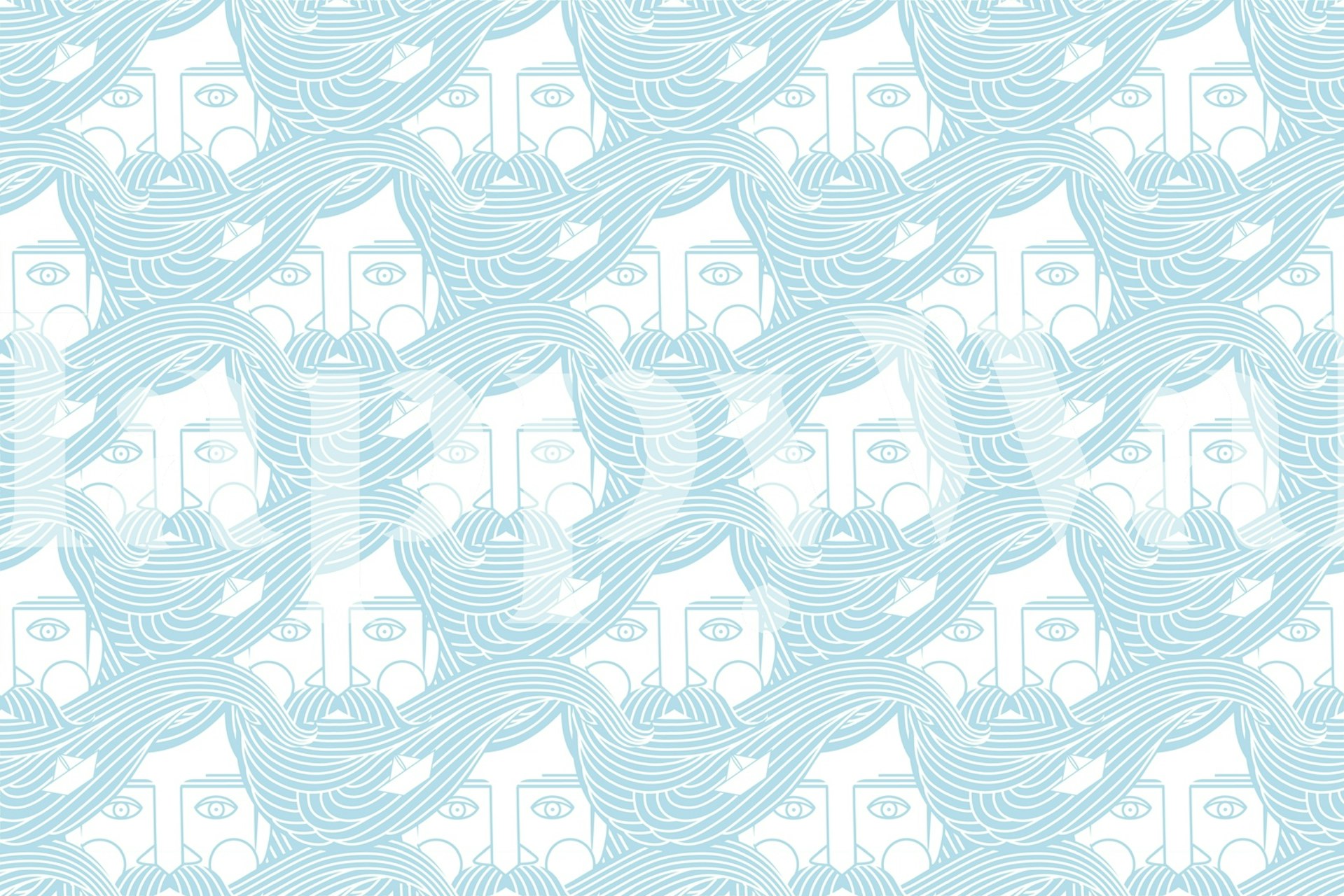 Blue wave pattern with abstract shapes wallpaper