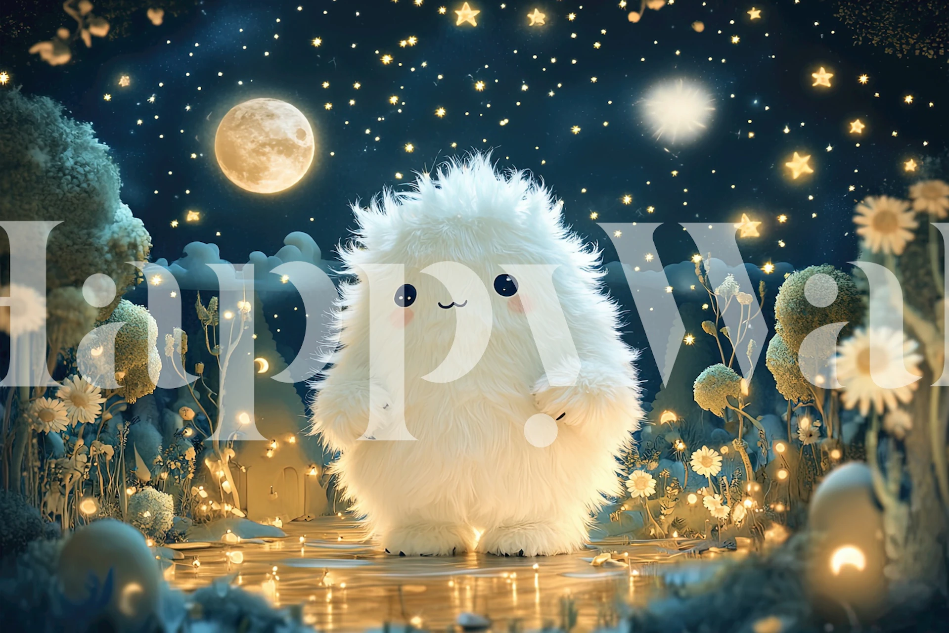 Fluffy white character among stars and moon, dreamy night scene wallpaper
