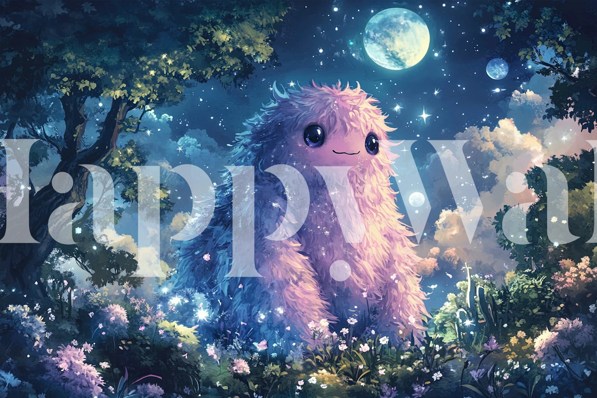 Whimsical fluffy creature under a starry sky with flowers and trees wallpaper