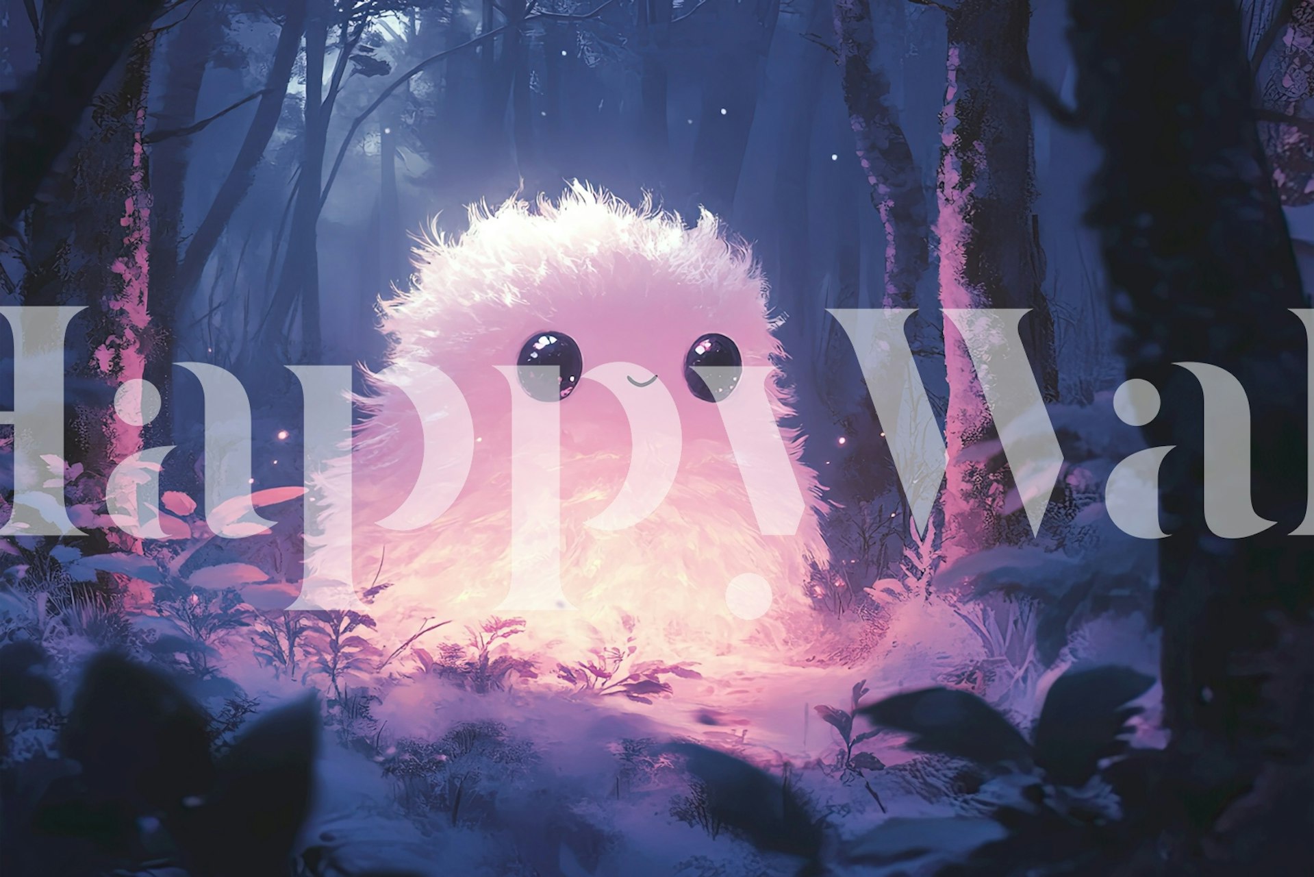 Fluffy glowing creature in a dark forest with soft colors wallpaper