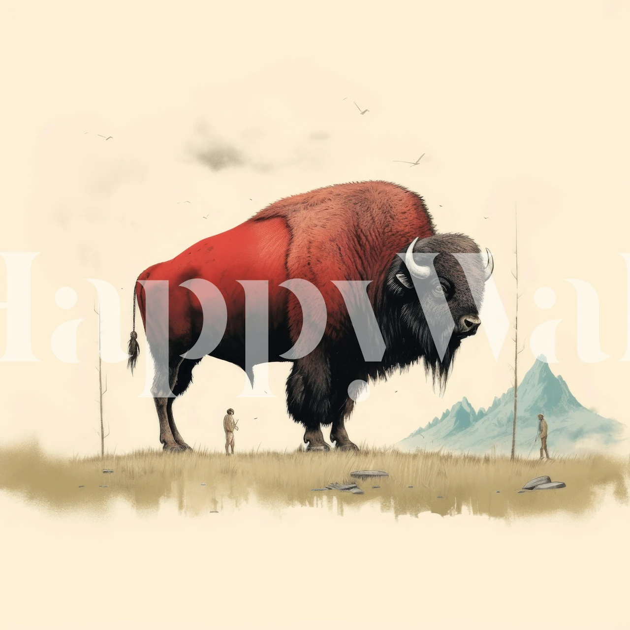 Red bison illustration with human figures and mountains wallpaper