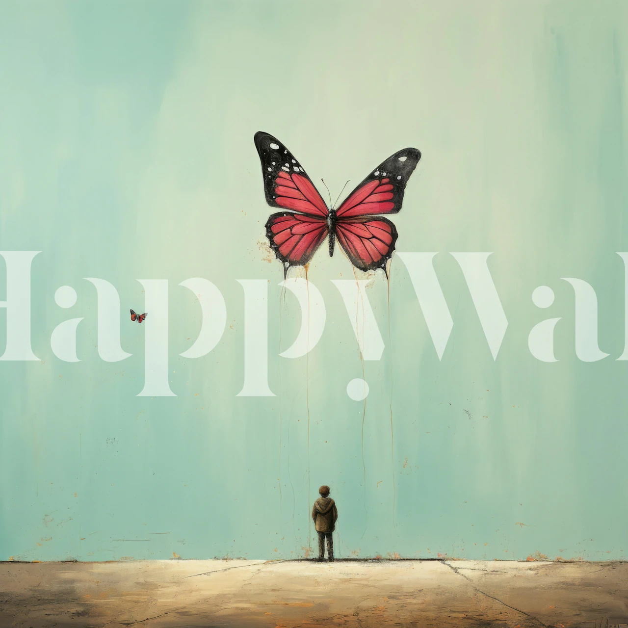 Large pink butterfly on blue wall, minimalistic style wallpaper
