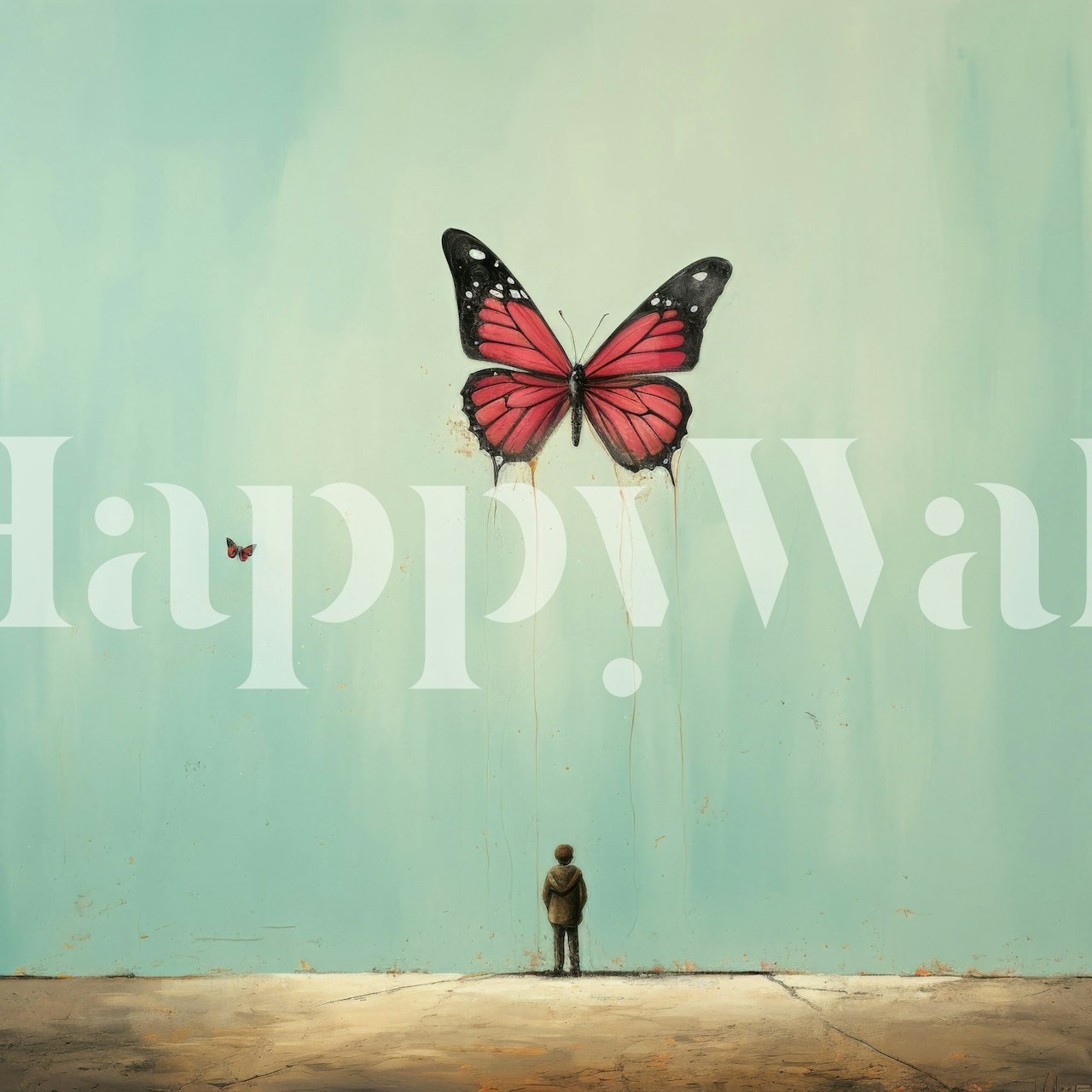 Large pink butterfly on blue wall, minimalistic style wallpaper