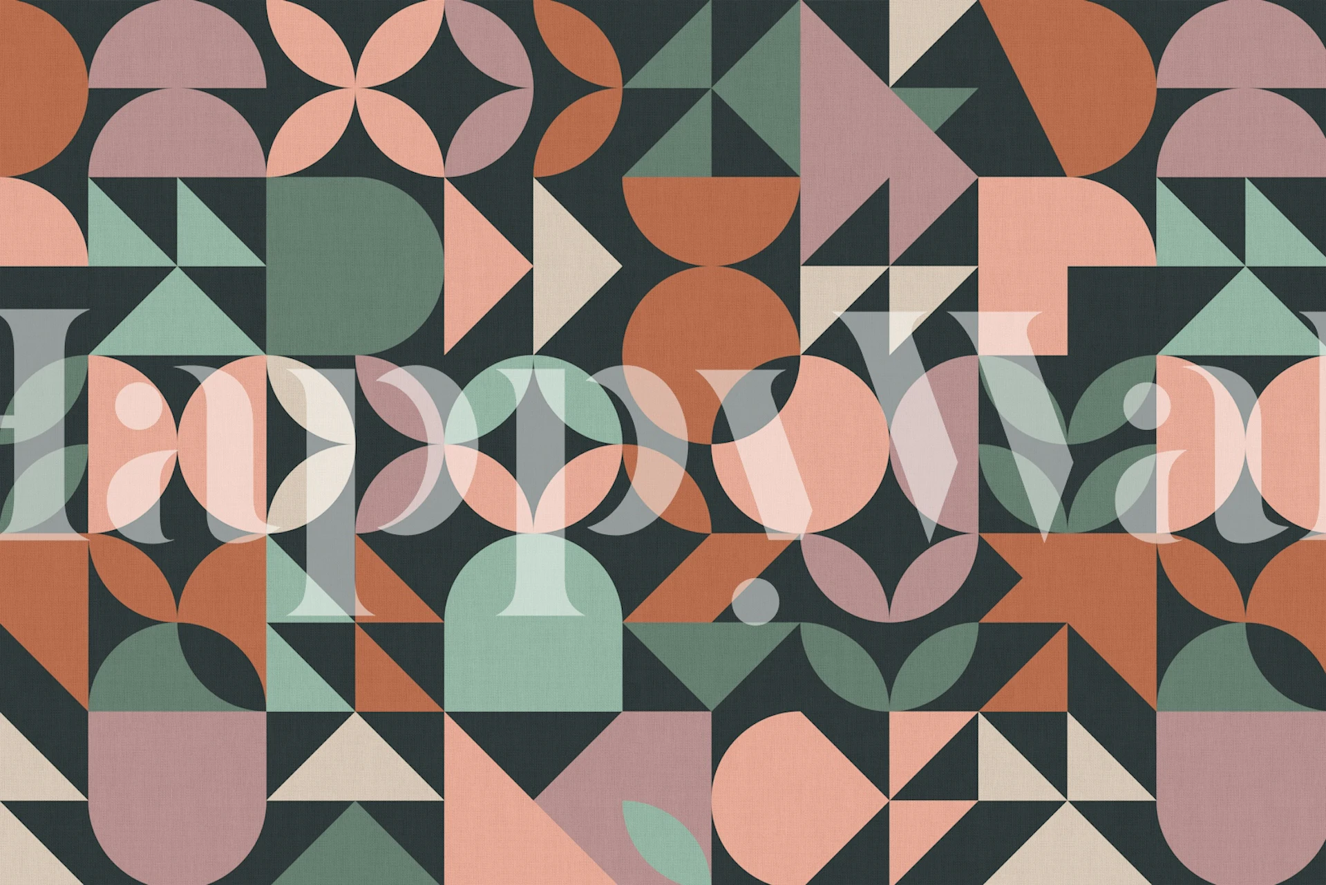 Geometric shapes in pink, green, terracotta on dark background wallpaper