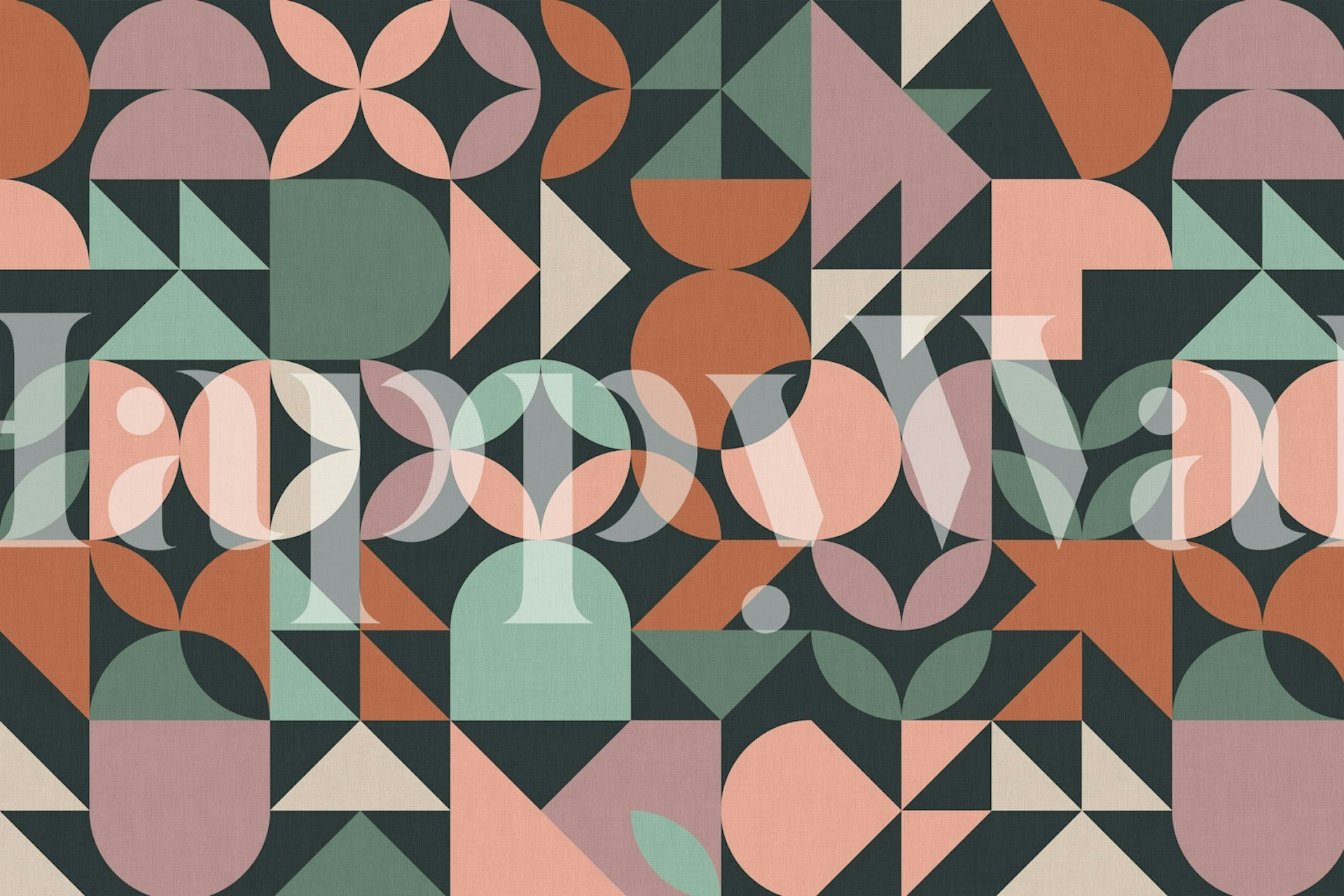 Geometric shapes in pink, green, terracotta on dark background wallpaper