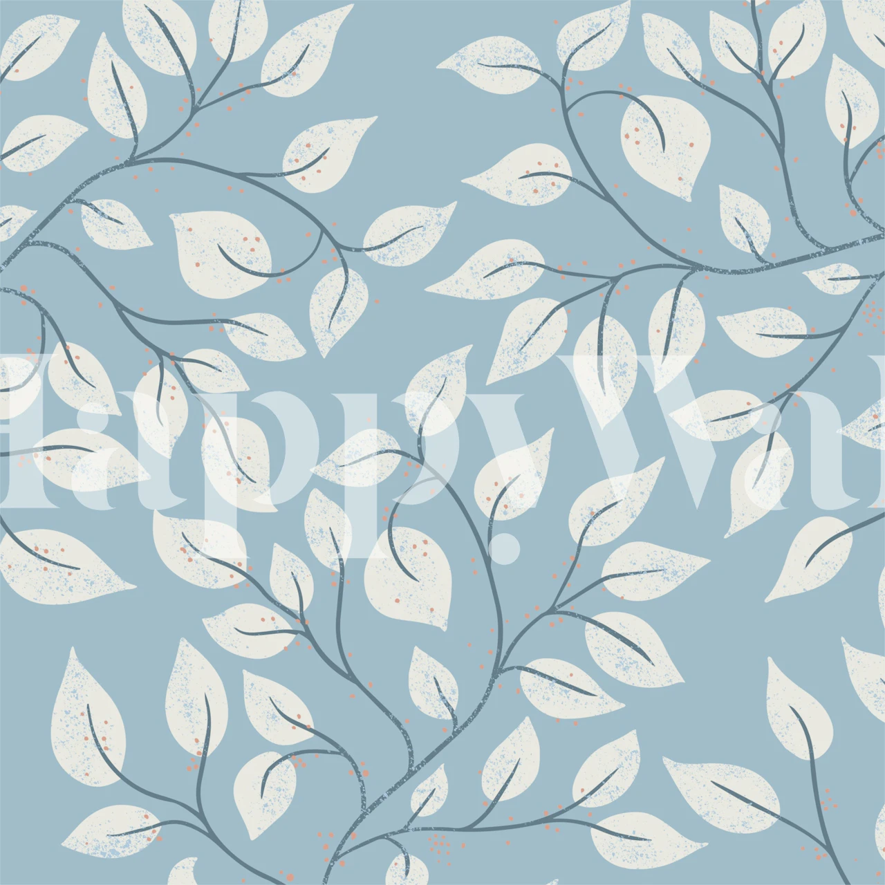Soft blue wallpaper with white leaf patterns in a floral style