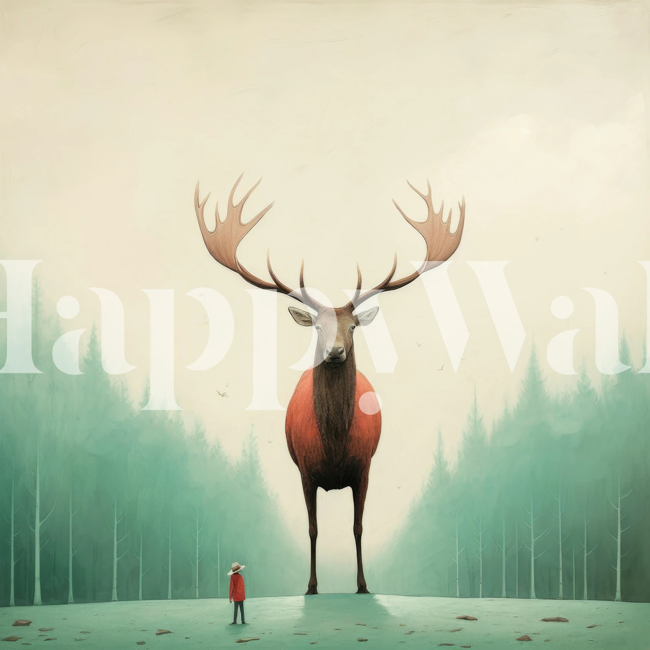 Large elk with antlers in foggy forest wallpaper