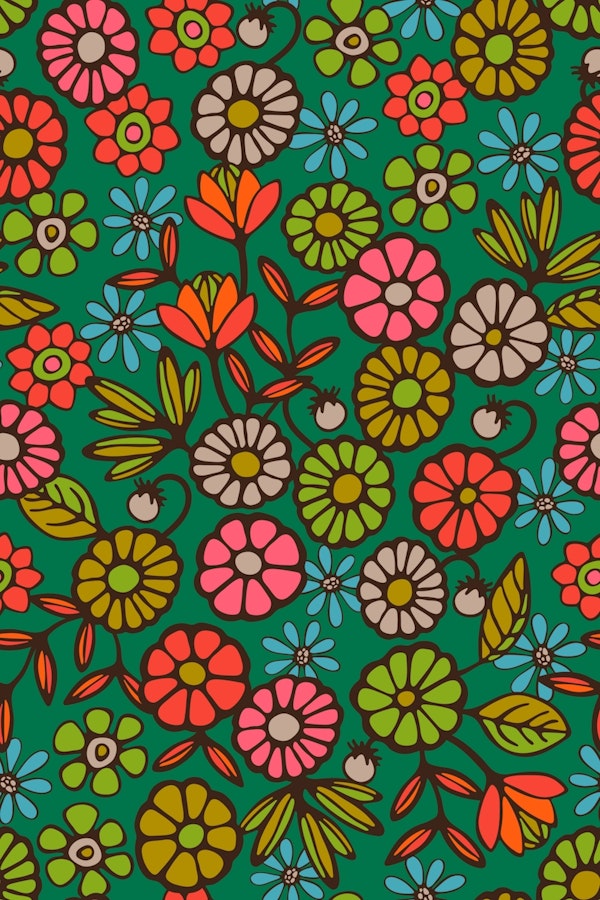 Pick A Posy Retro Boho Flowers Bright Green