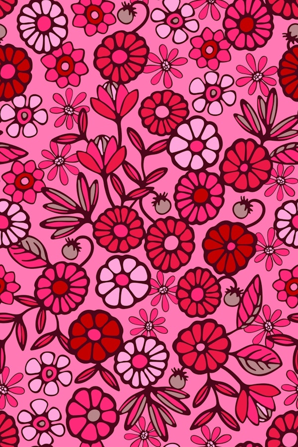 Pick A Posy Retro Boho Flowers Cherry Pink