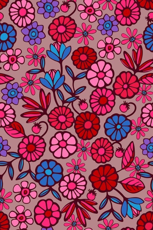 Pick A Posy Retro Boho Flowers Cherry Red