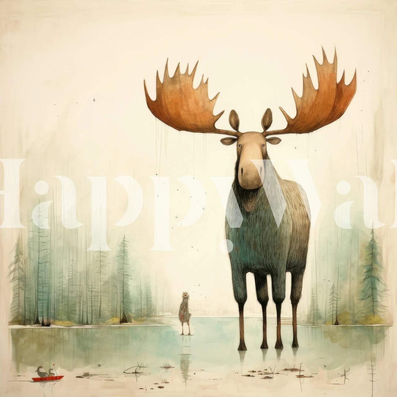 Minimal moose wallpaper displayed in a room