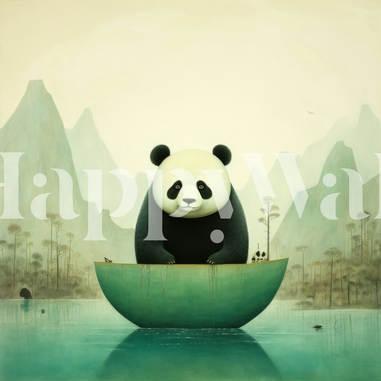 Panda bear sitting in a boat on serene lake, minimalistic style wallpaper