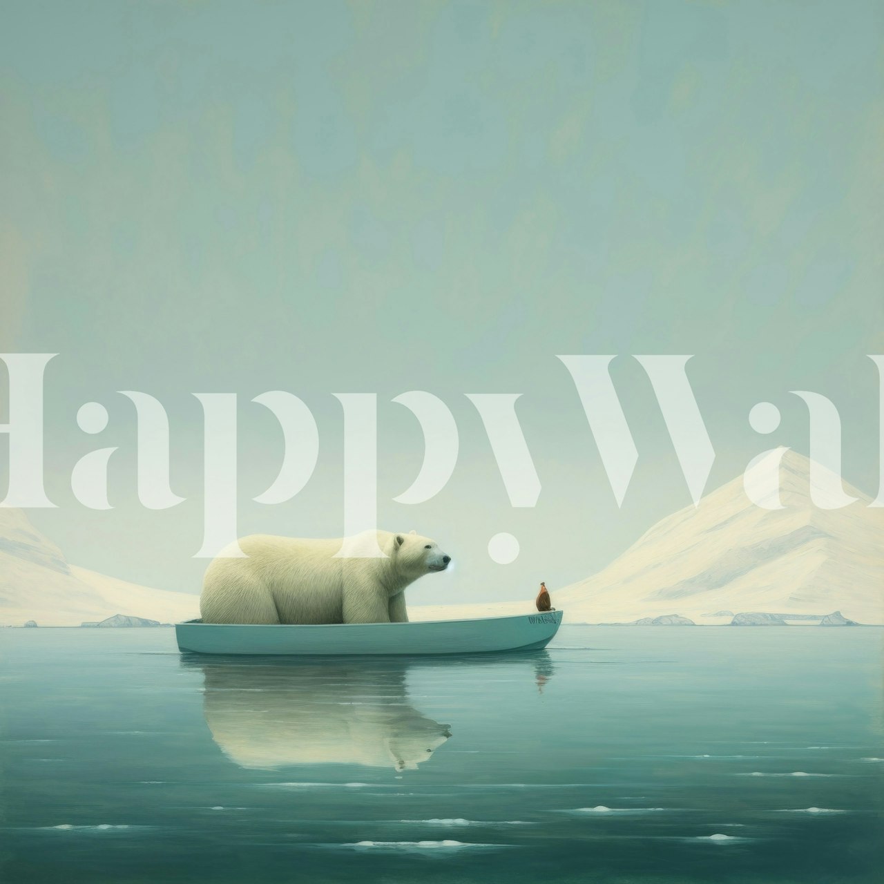 Minimalist polar bear on a boat in a tranquil arctic scene wallpaper