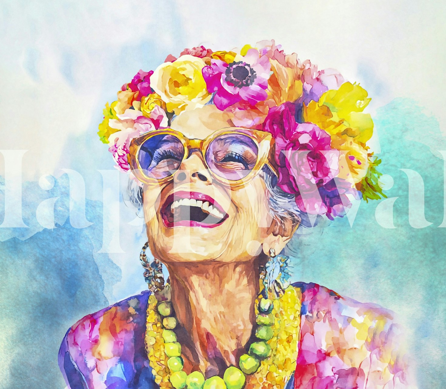 Colorful floral portrait of a smiling woman with glasses wallpaper