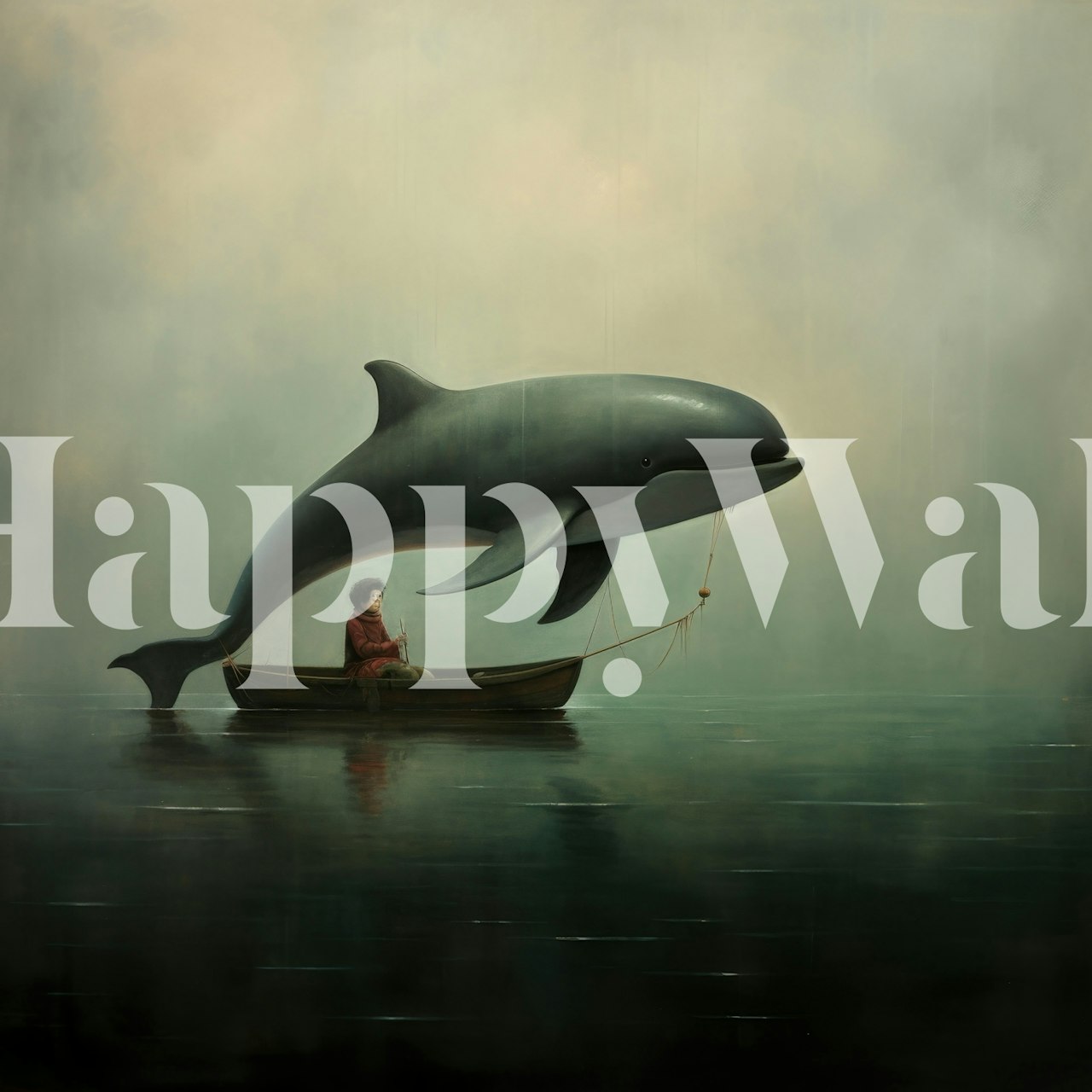 Dolphin leaping above a small boat with a person, muted colors, minimalist wallpaper