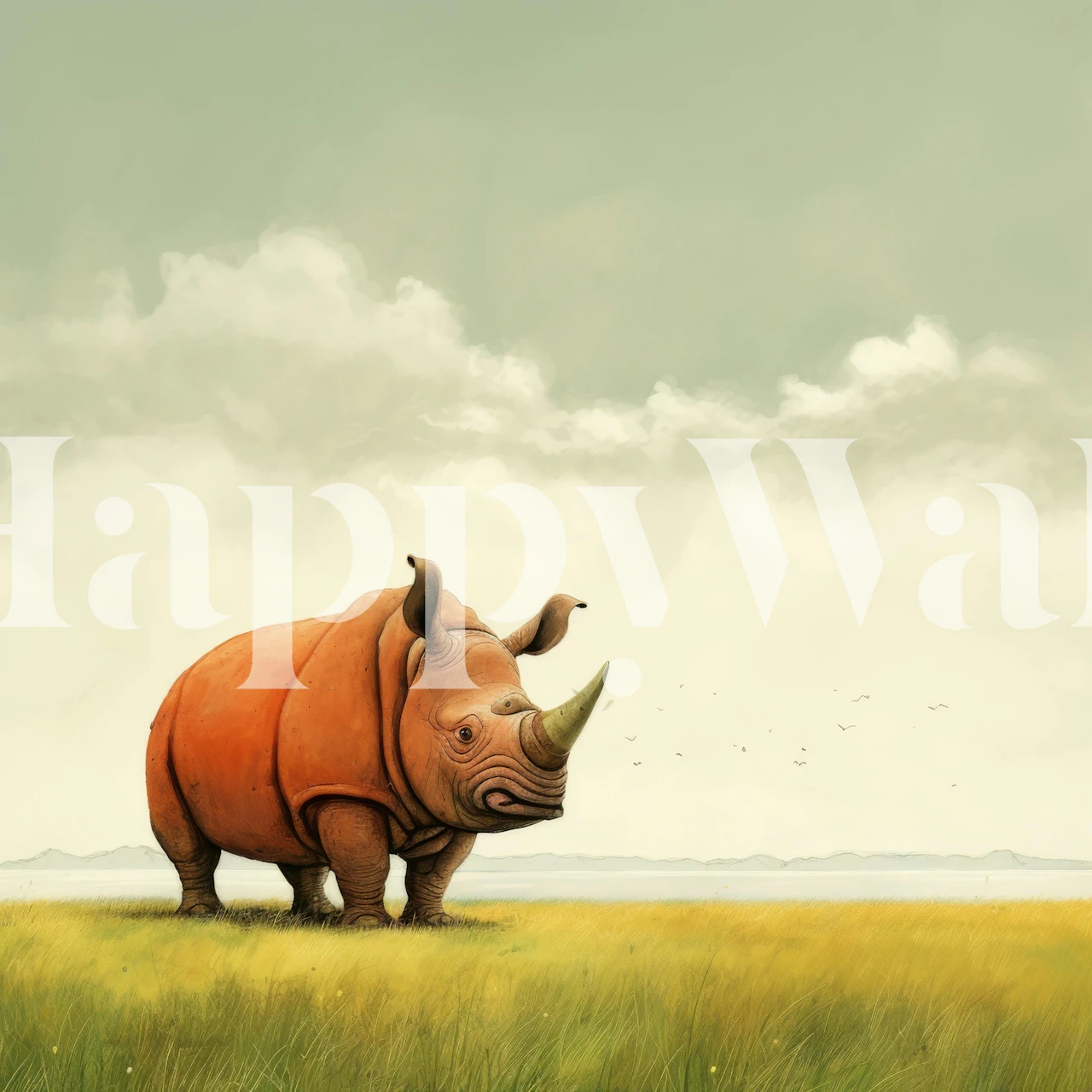 Cartoon rhino in orange on grassy background wallpaper