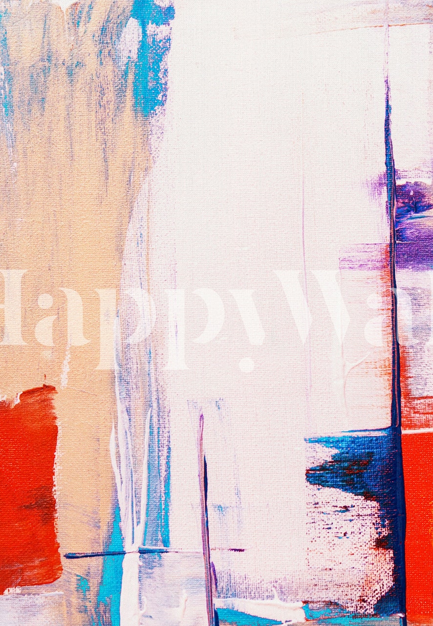 Colorful abstract brushstrokes in red, blue, and beige wallpaper