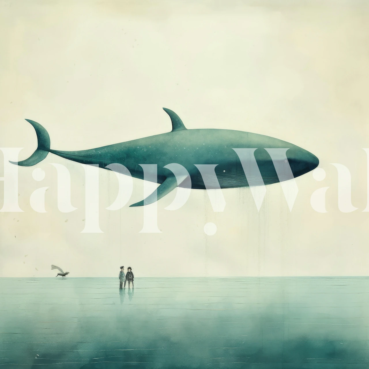 A minimalist whale floating above calm waters with two figures. Soft blue and teal colors with a dreamlike style wallpaper.