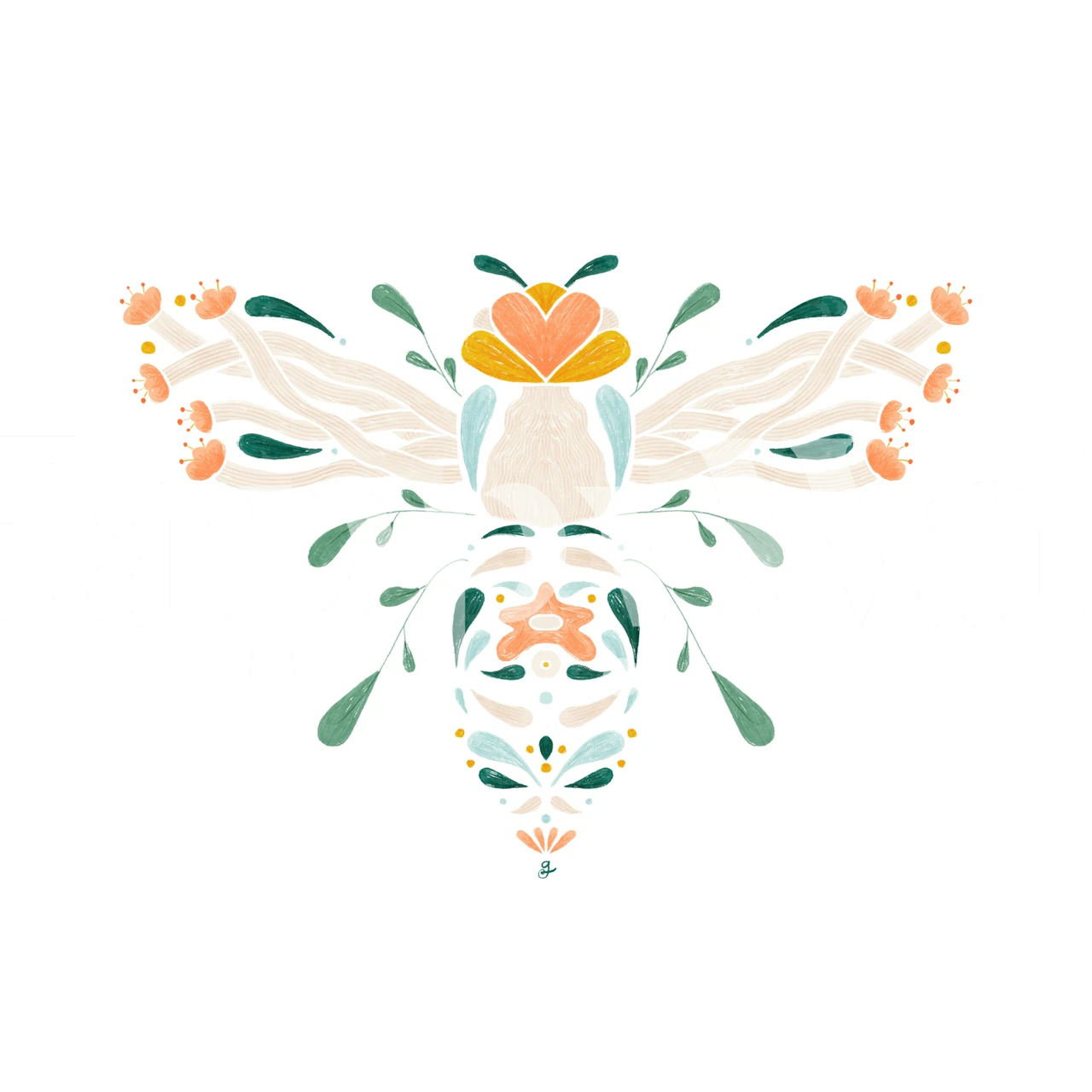 Floral bee design with orange, green, and cream colors in a modern style wallpaper