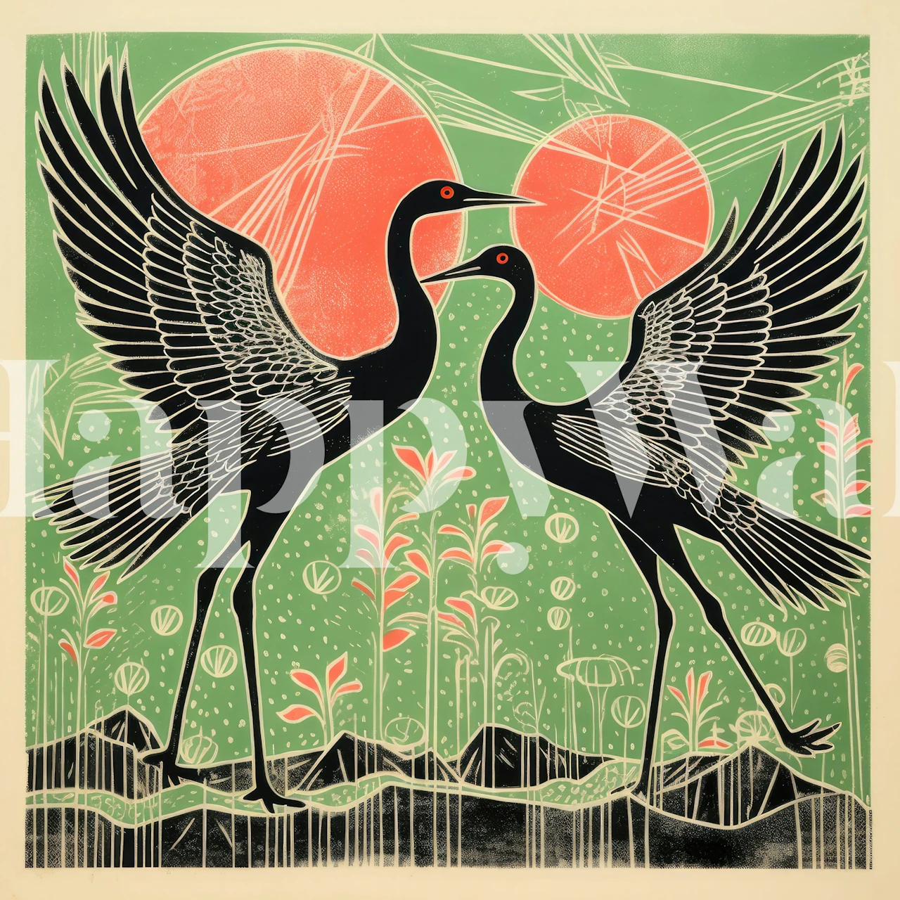 Papel de parede Folk Art Cranes em um quarto