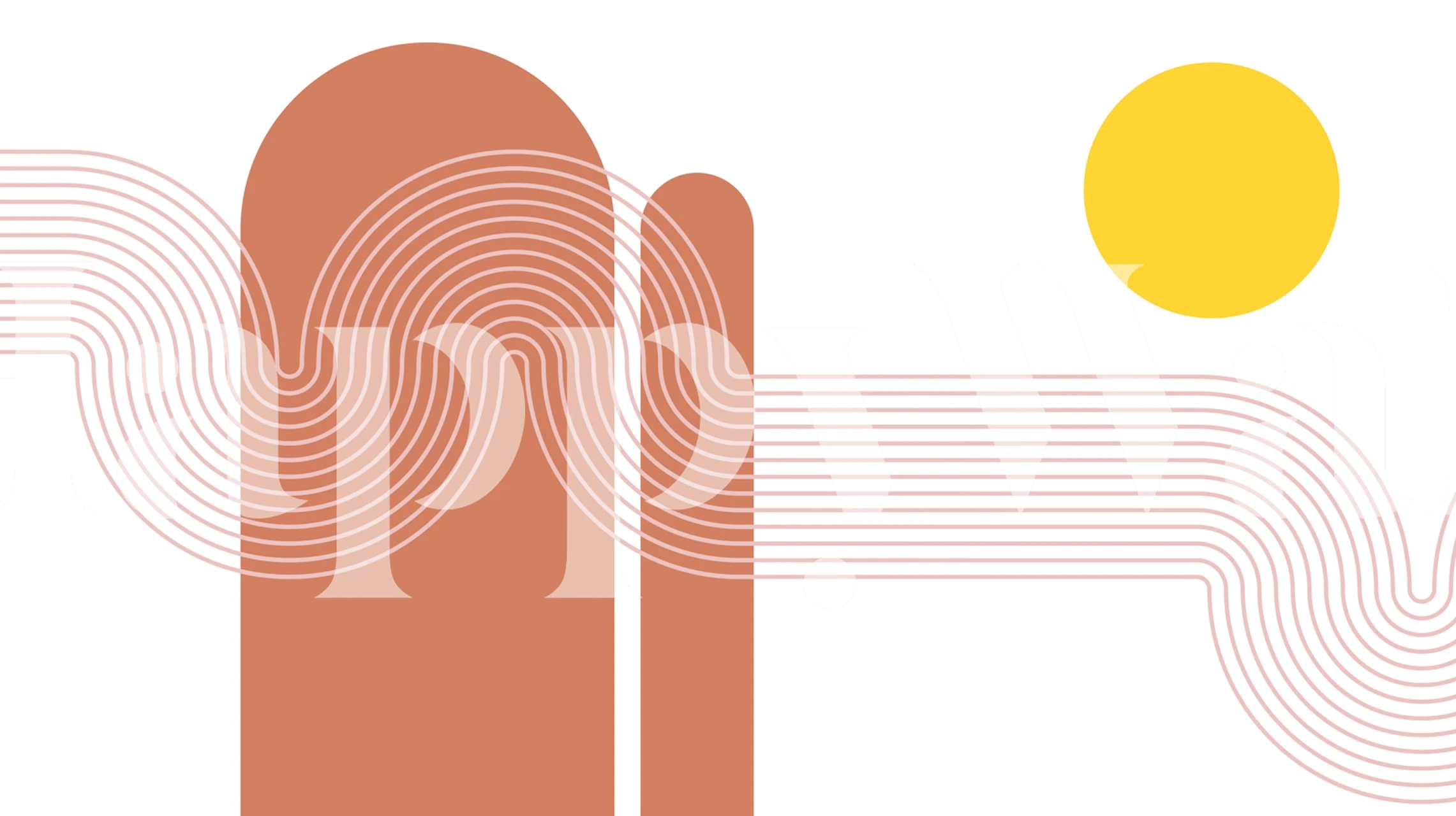 Minimalist boho wallpaper with brown shapes, yellow sun, and wavy lines