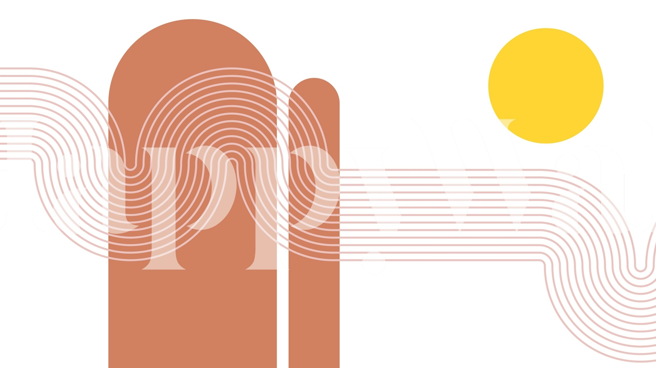 Minimalist boho wallpaper with brown shapes, yellow sun, and wavy lines