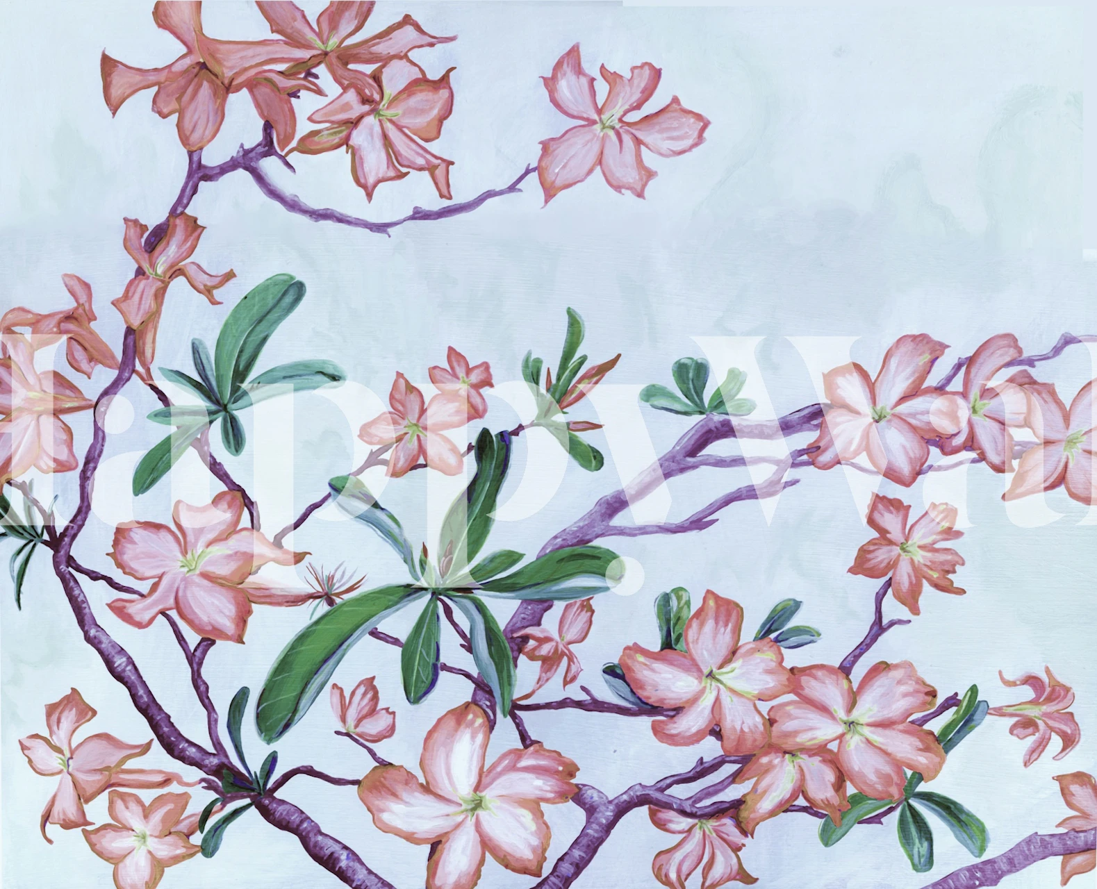 Tropical floral wallpaper with pink flowers and green leaves, watercolor style